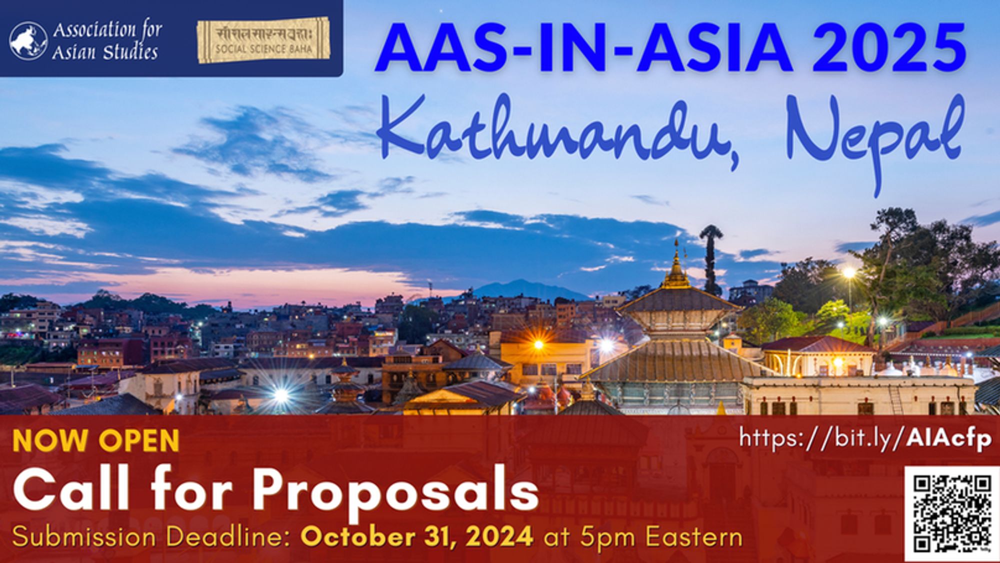 Promotional image for AAS-IN-ASIA 2025 conference in Kathmandu, Nepal. The background shows a twilight view of the city with historical buildings and a temple under an orange-blue sky. In the foreground, there’s a blue banner with text details about the event, including a call for proposals, website link (https://bit.ly/AlAcfp), submission deadline of October 31, 2024 at 5pm EST, and a QR code on the bottom right.