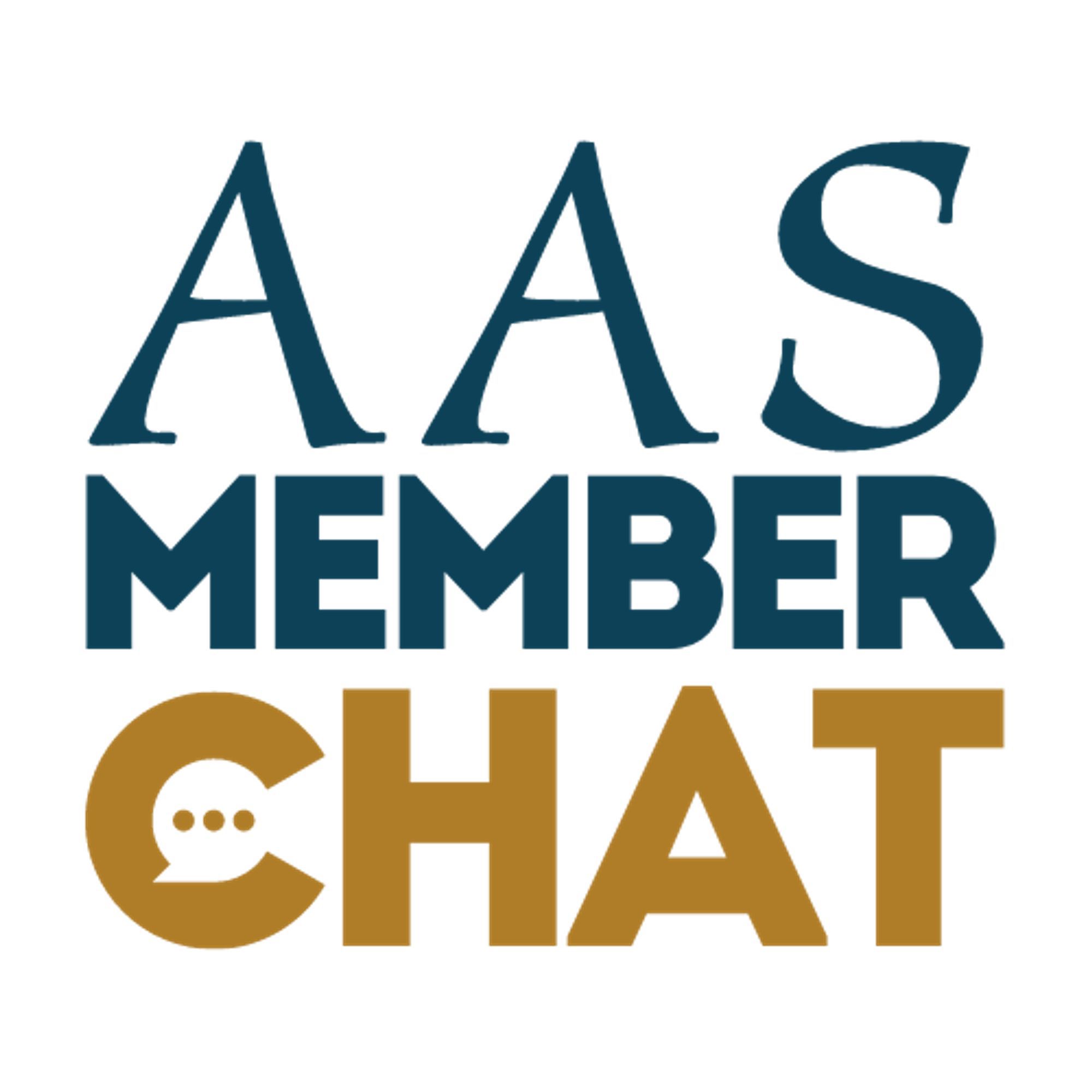 The logo for AAS Member Chat is blue and yellow, with the interior of the C containing a chat bubble.