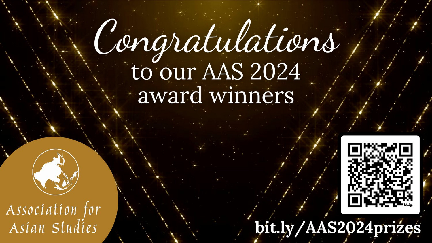 A dark background with gold sparkles in diagonal lines. Text: Congratulations to our AAS 2024 award winners - bit.ly/AAS2024prizes