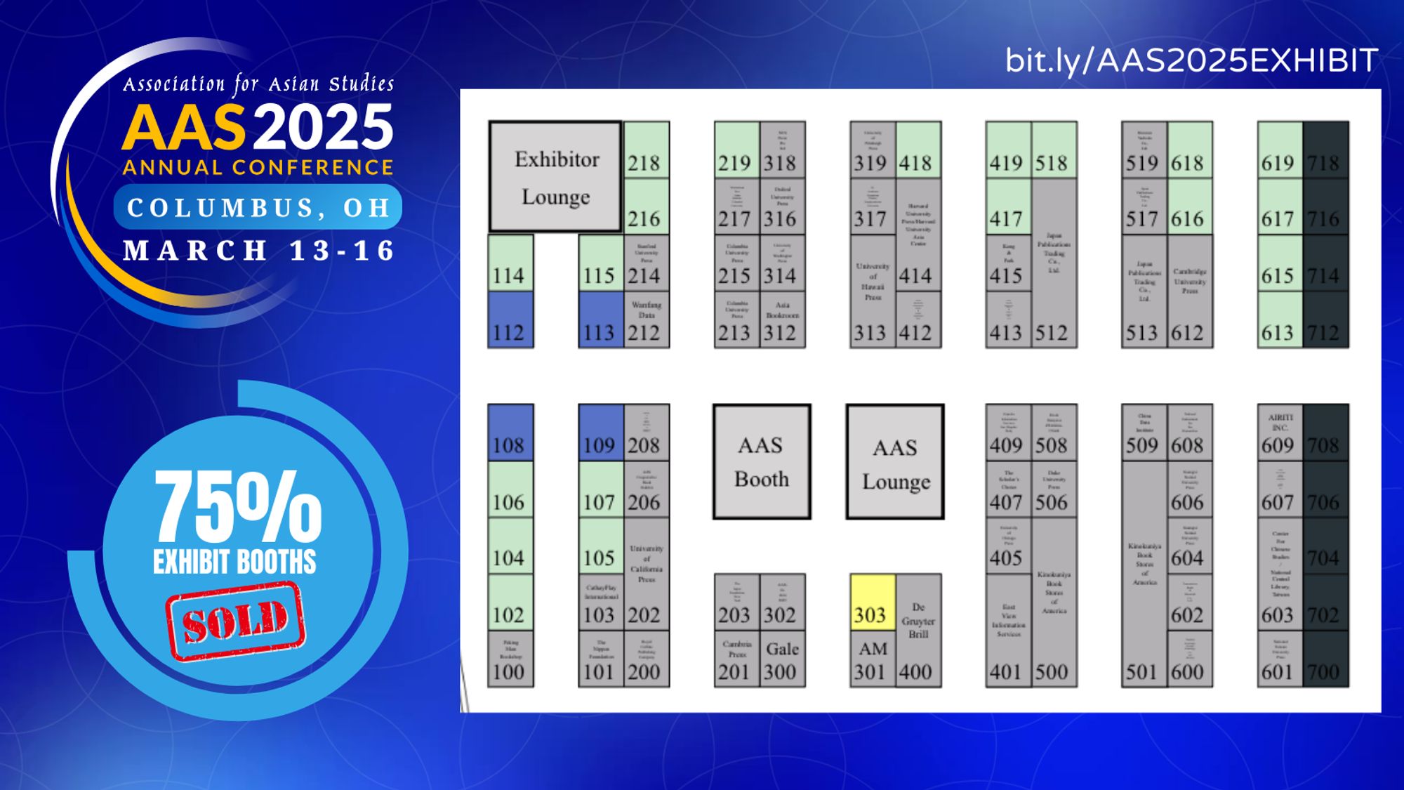 A blue social media graphic showing the AAS 2025 Annual Conference exhibit hall floorplan, with booths already sold colored in gray and those still available in shades of blue and green. The AAS 2025 logo is at the top of the graphic, with a blue bubble stating "75% exhibit booths sold" underneath it.