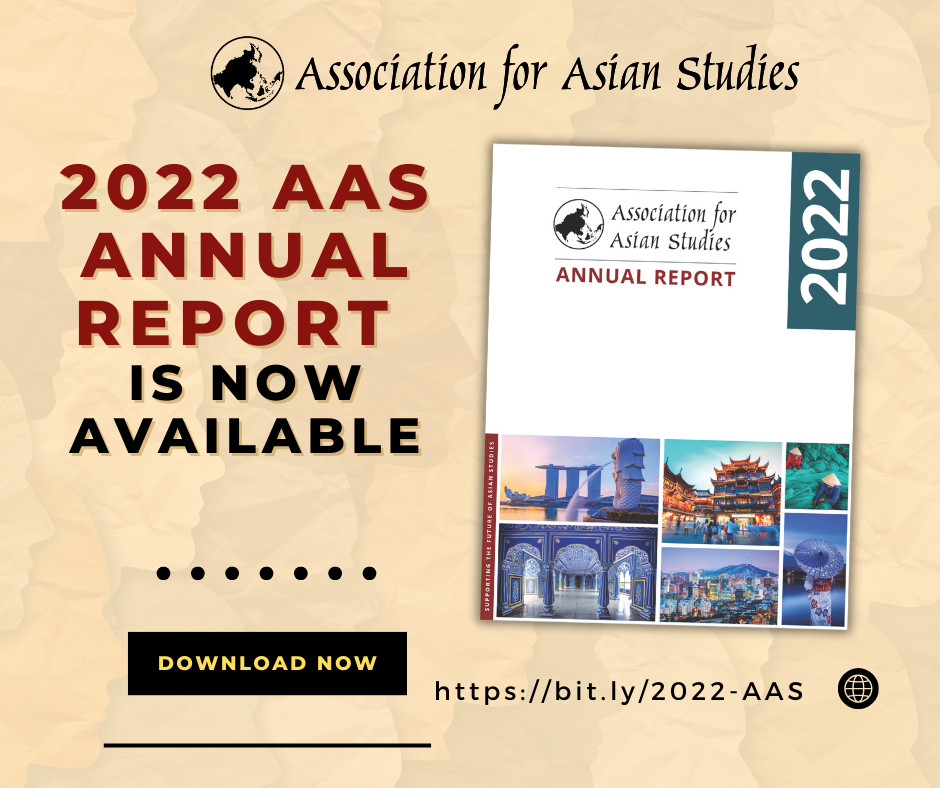 Cover of the 2022 Association for Asian Studies annual report featuring iconic Asian landmarks and cultural scenes.