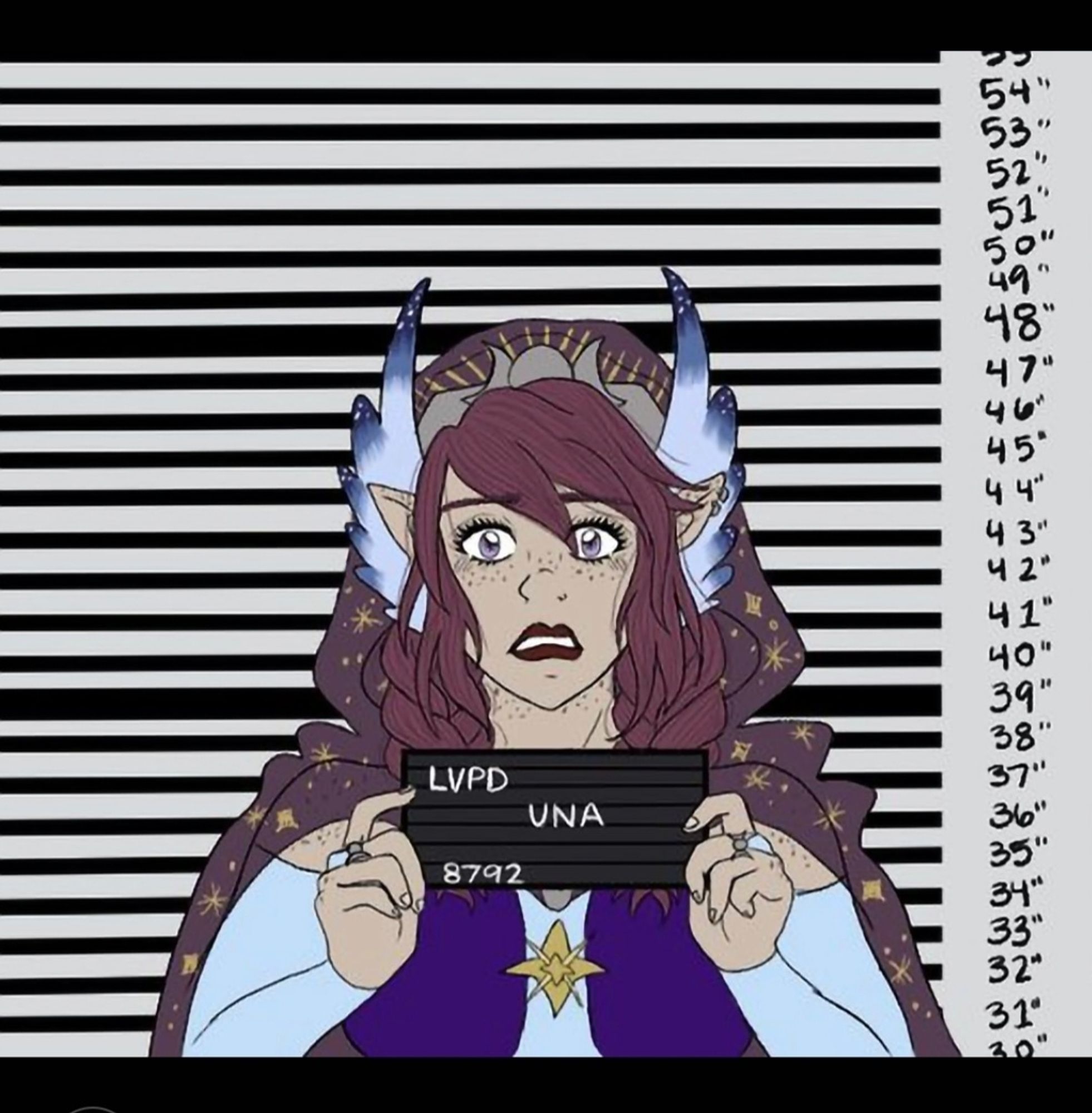 DnD OC Una in the Barbie meme. She is standing before a mug shot background indicating how tall she is. Her expression looks upset as she holds a title card that says LVPD UNA 8792.