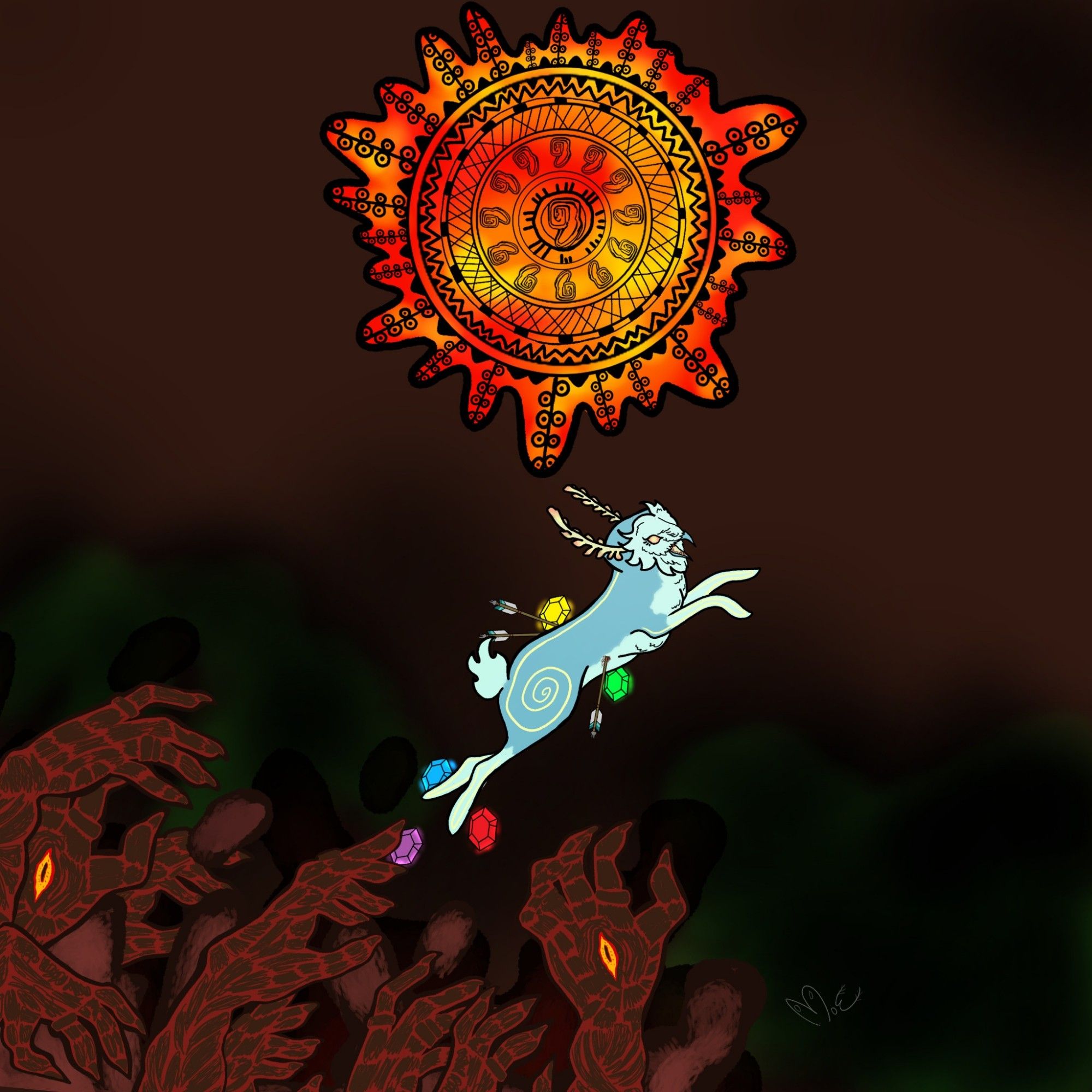 A Blupee (blue owl and rabbit creature) from Legend of Zelda BoTW and TotK jumps through the air, arrows piercing its sides. Different colored rupees come out of the Blupee. From the ground, Gloom Hands reach out to try and snatch the Blupee. Above the creature is the Blood Moon with Watership Down's sun stylization.