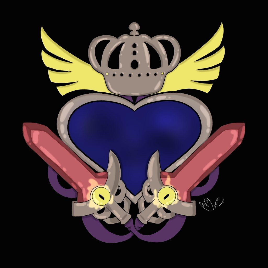 The pokemon doublade crossing each other in front of a blue velvet heart with silver edge. Above the heart is a silver crown. The ribbons on the end of the doublade wrap behind the heart and out from the sides of the crown like wings. This version is the shiny of the pokemon.