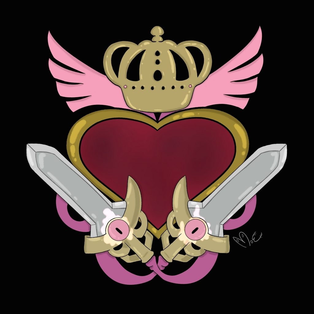 The pokemon doublade crossing each other in front of a red velvet heart with golden edge. Above the heart is a golden crown. The ribbons on the end of the doublade wrap behind the heart and out from the sides of the crown like wings.