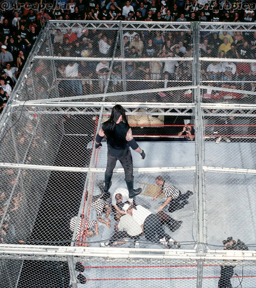 The Undertaker looks down from the top of the steel cage at Mankind (Mick Foley), lying motionless on the ring mat during their 1998 Hell in a Cell match at The King of the Ring.