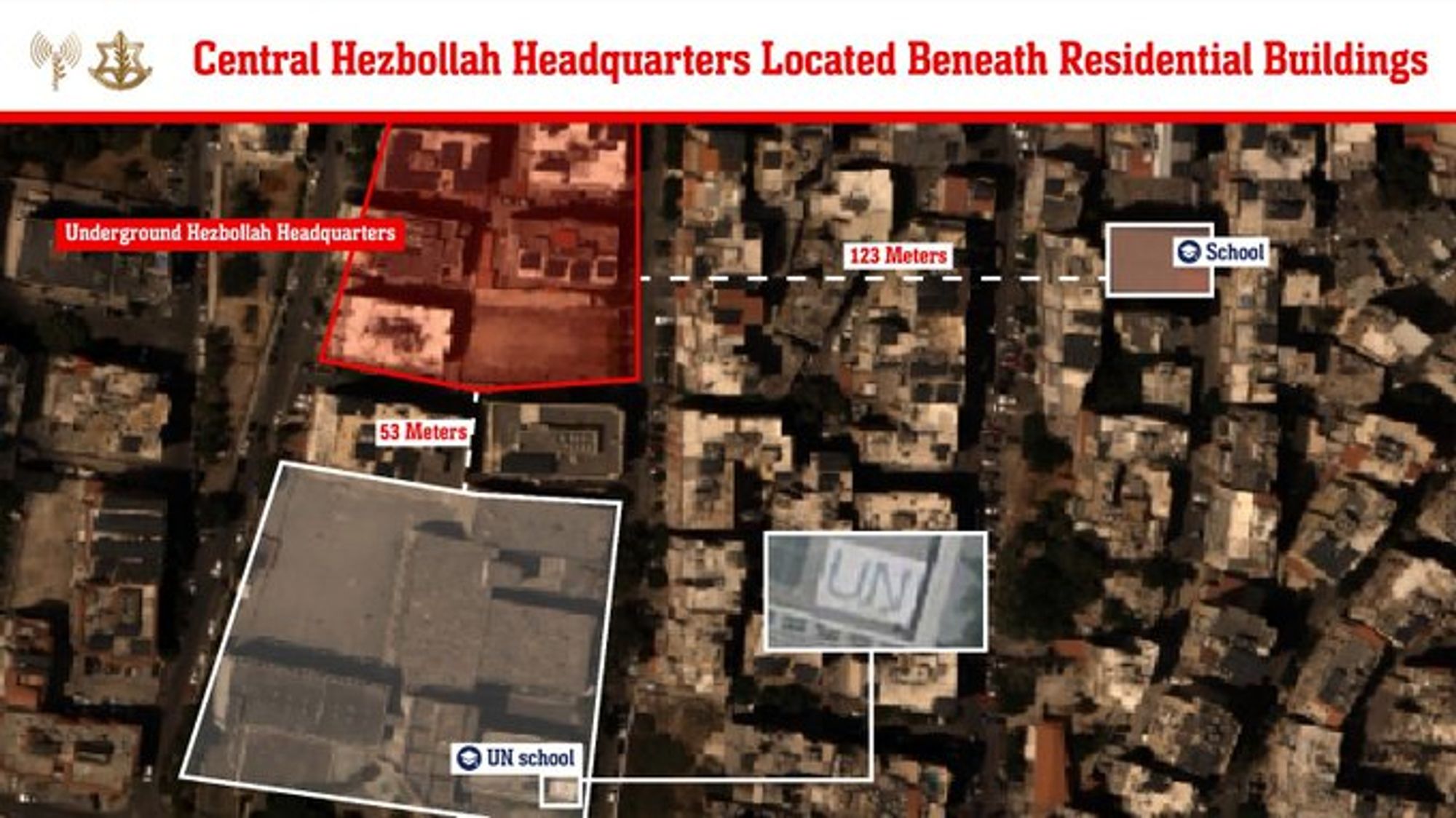 zerstörtes Hisbollah unterirdisches Hauptquartier, zwei Schulen sind 53 bzw 123, entfernt und unbeschädigt