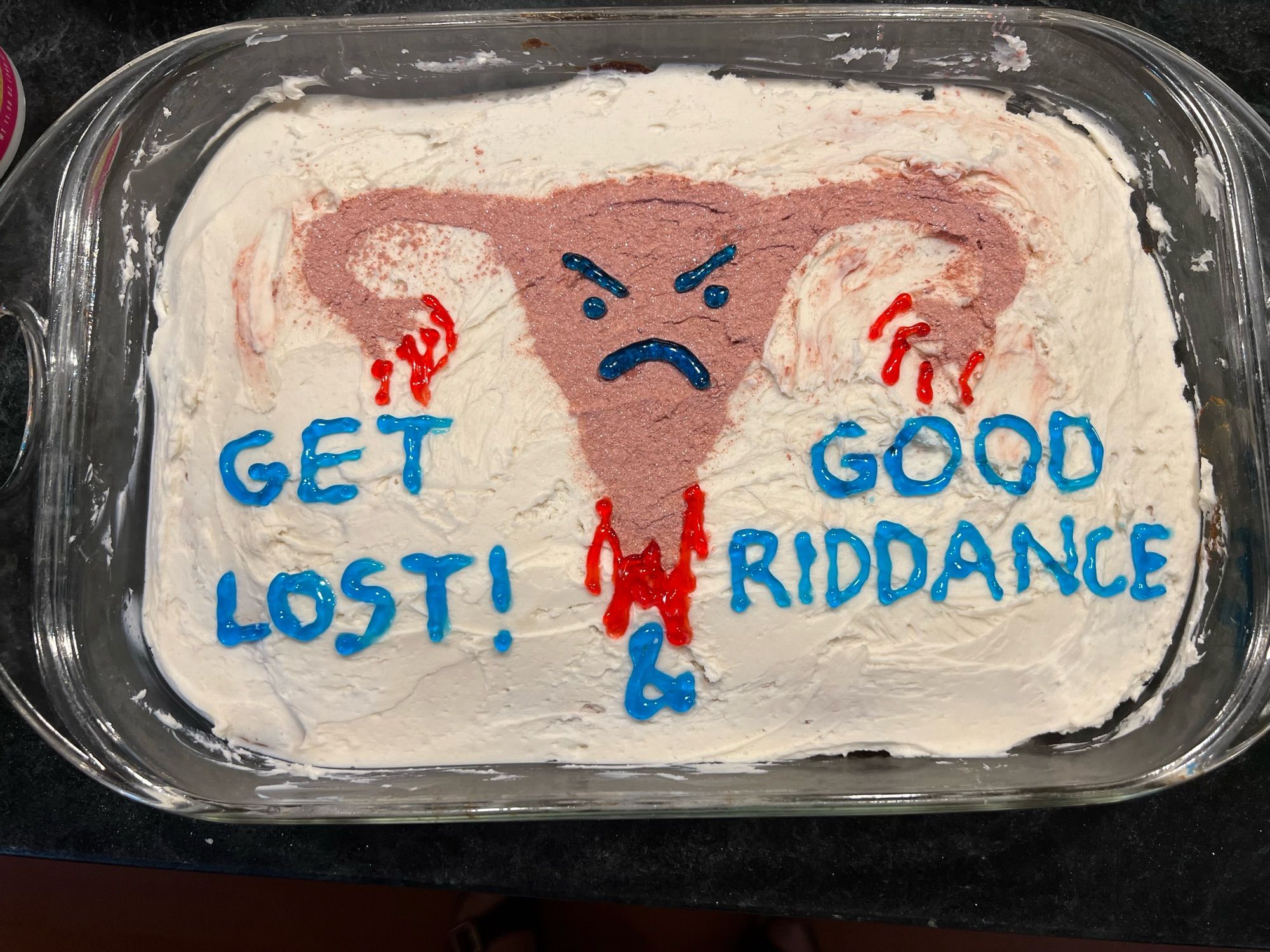 A very amateur cake decorating job—white-frosted cake in a Pyrex dish with a sparkly rose gold uterus with an angry face dripping blood from various places. To the sides of the uterus, it says: “GET LOST! & GOOD RIDDANCE”