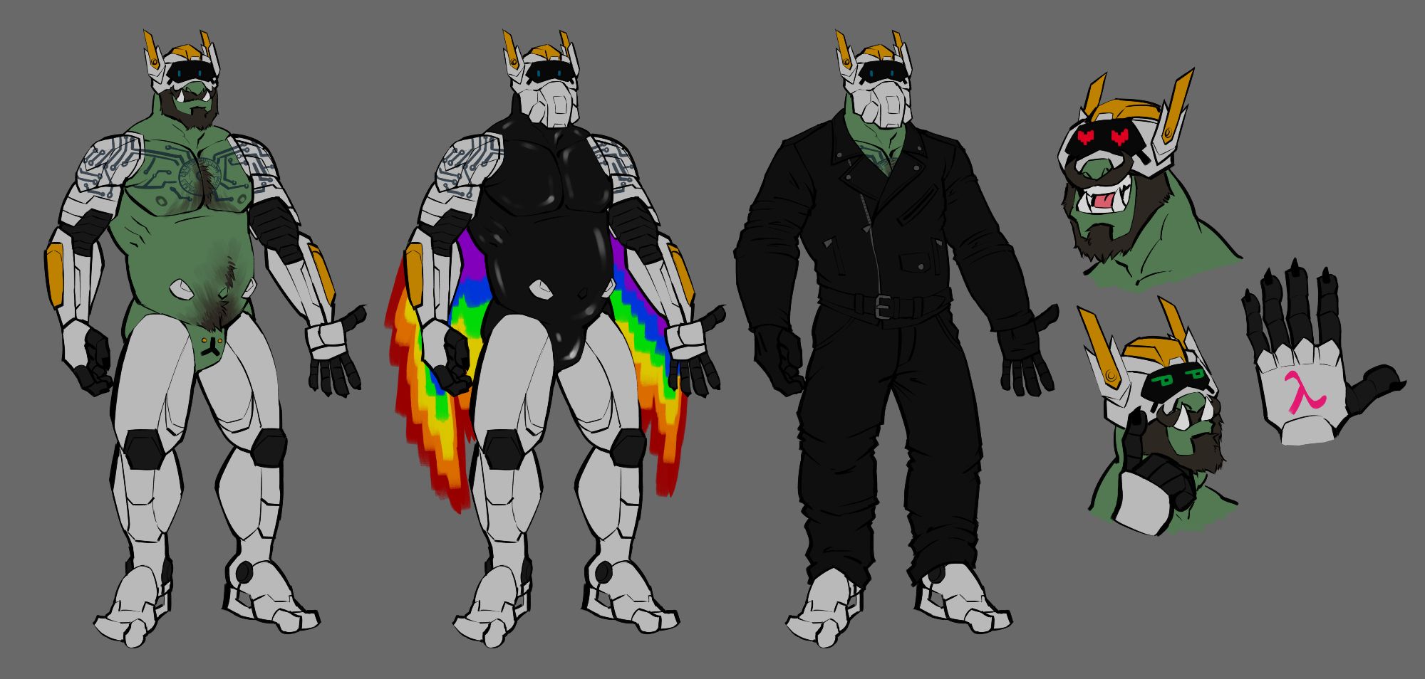 A cyborg orc whose upper-head, arms, and legs are synethetic and his eyes are an LED screen. He has a tattoo on his body of a spiralized tree of life, a pink lambda on the back of his hand. One outfit includes rainbow solar-sail wings and a liquid-latex spacesuit, and the other is a leather biker outfit.