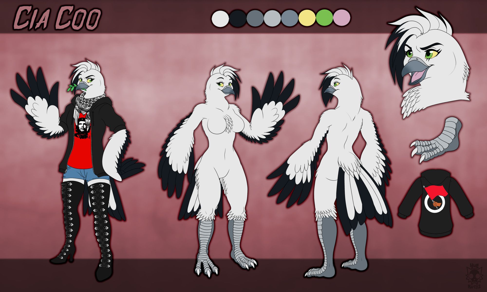 Imperial pigeon fursona, white with black-tipped feathers. Wearing a black and white Palestinian kufiya with a black jacket, a red Che Guevara shirt, blue short shorts, and thigh high stilettos. The jacket has the symbol of the Young Communist League of Canada on it.