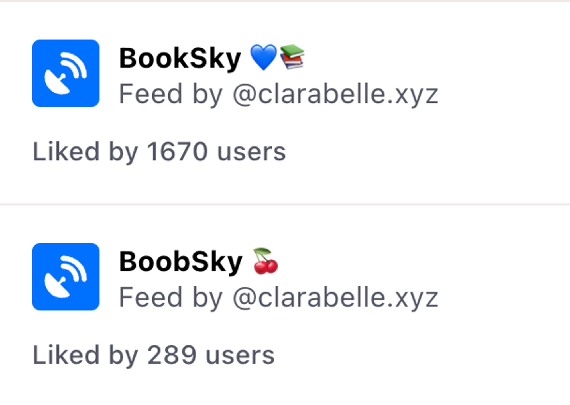 BookSky has 1670 hearts and BoobSky has only 289