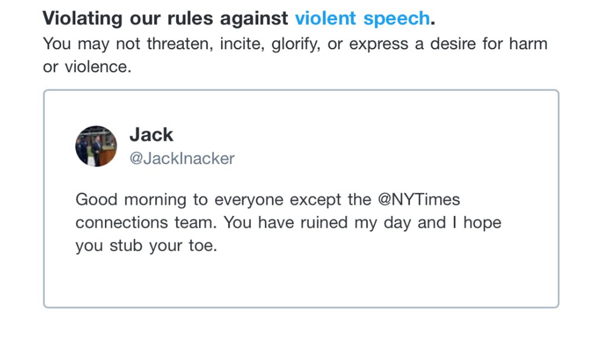 Tweet that says, “good morning to everyone except the @nytimes connections team. You have ruined my day and I hope you stub your toe.”