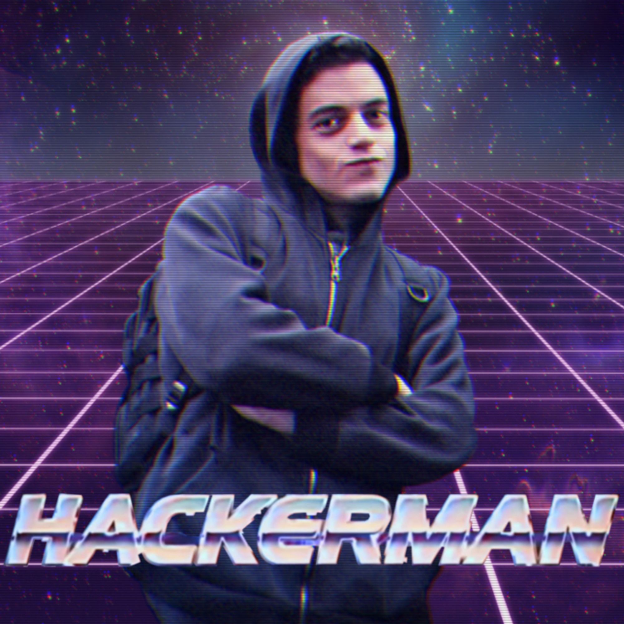 The image features a person with a serious expression, wearing a dark hoodie and standing with their arms crossed. They are superimposed over a retro-futuristic background that includes a digital grid extending towards a horizon under a starry sky. The aesthetic is reminiscent of 1980s computer graphics and cyberpunk visuals. The text "HACKERMAN" is emblazoned in front of the figure, suggesting a theme related to hacking or cyberculture.