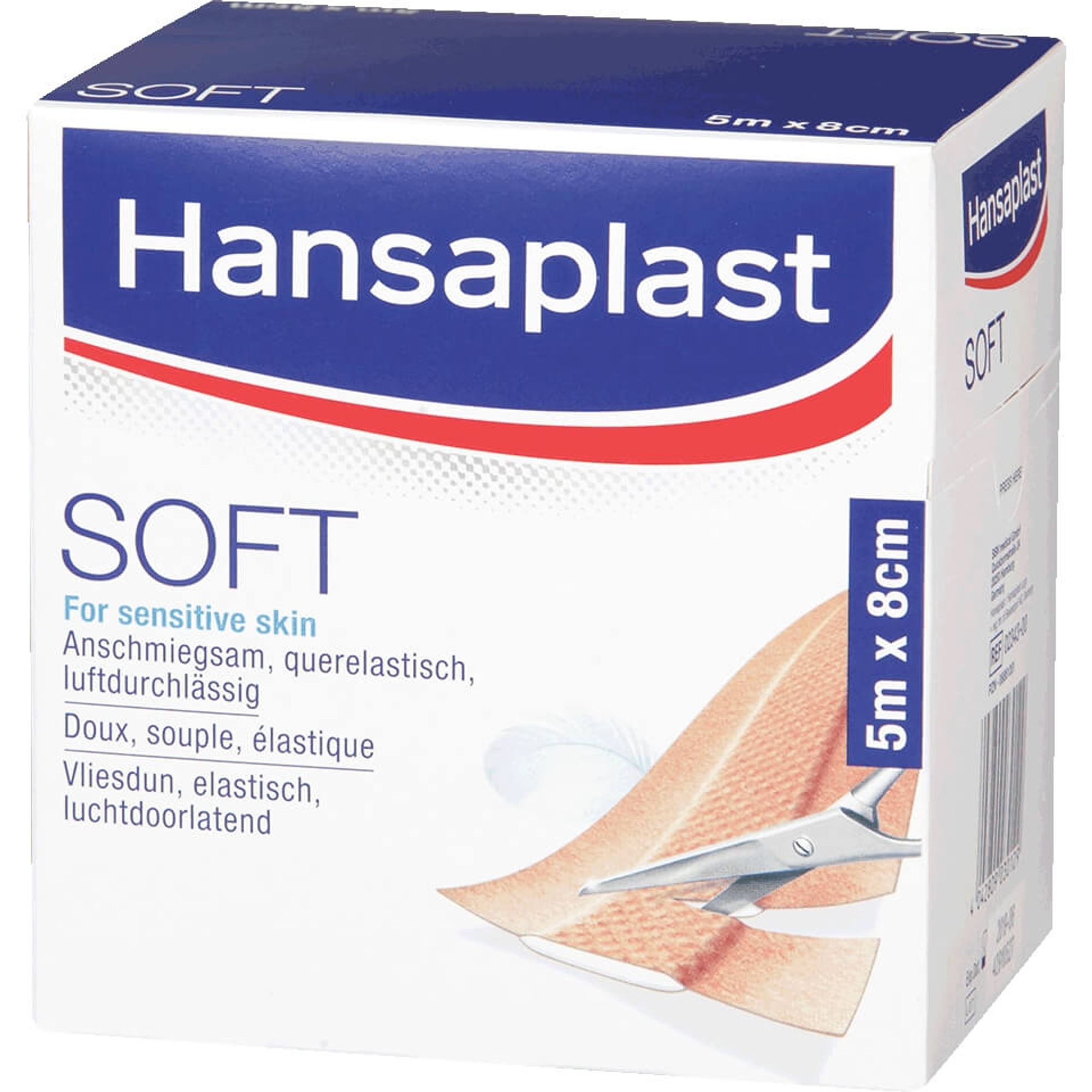 A package of Hansaplast plasters with the blue and red design features of the original logo.