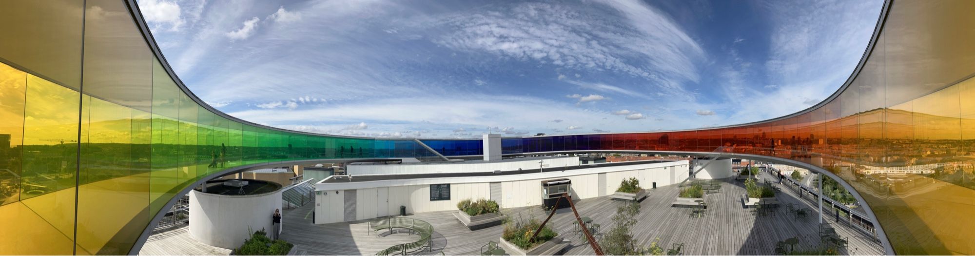 Panorama-Foto des Regenbogengangs von einer der Feuertreppen, die den Gang mit der darunter liegenden Dachterasse verbinden.