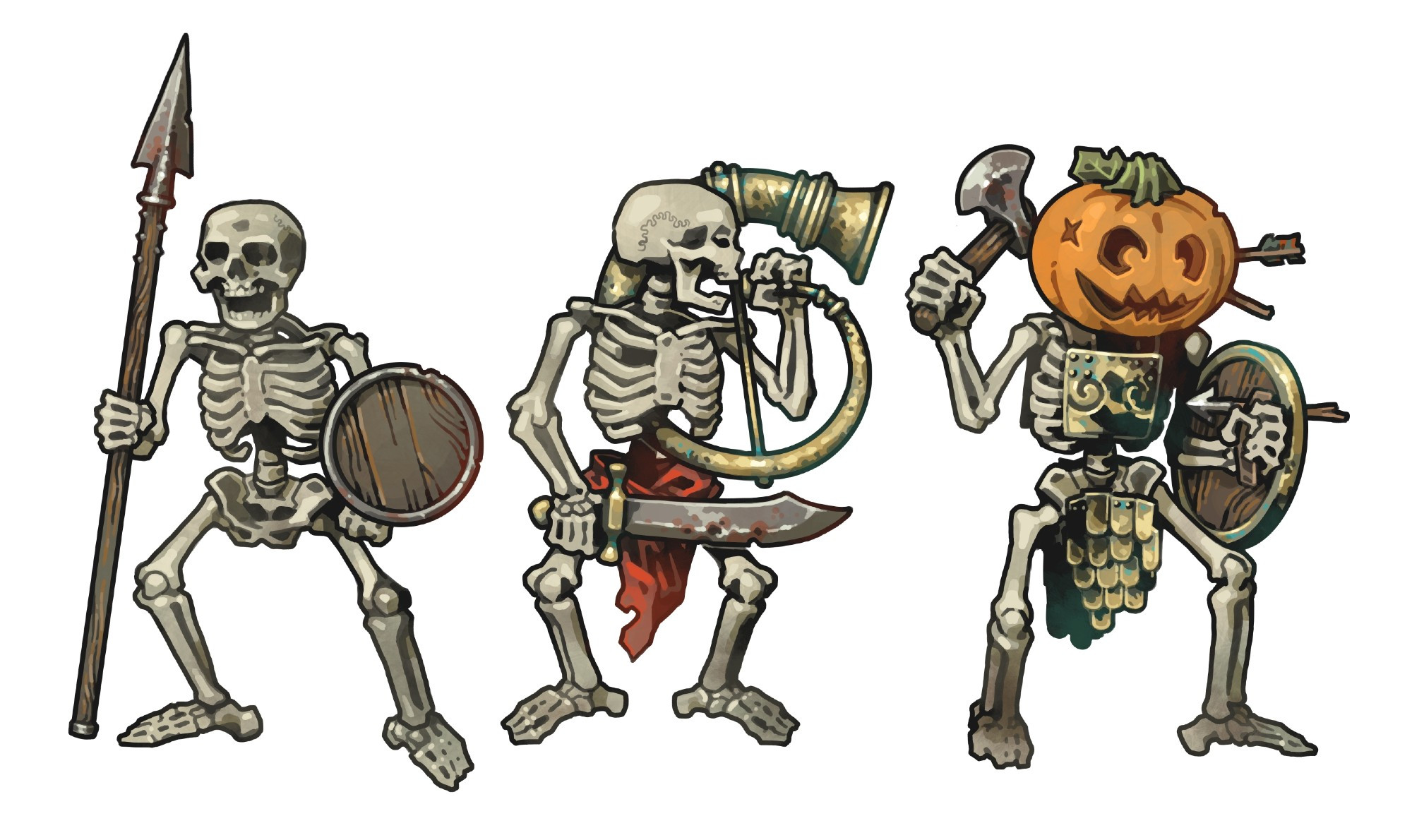 Three spooky skeletons. The first one is wielding a spear and a round, iron trimmed wooden shield and is MYEH-ing menacingly.
The second one is wielding a rust-pitted falchion in one hand while playing a large cornum, somehow. It's wearing a red loincloth to cover his modesty.
The third skeleton is wearing sparse bronze armor, with a bronze trimmed round wooden shield and an iron axe. Its head -skull?- is completely covered by a large grinning jack-o-lantern.