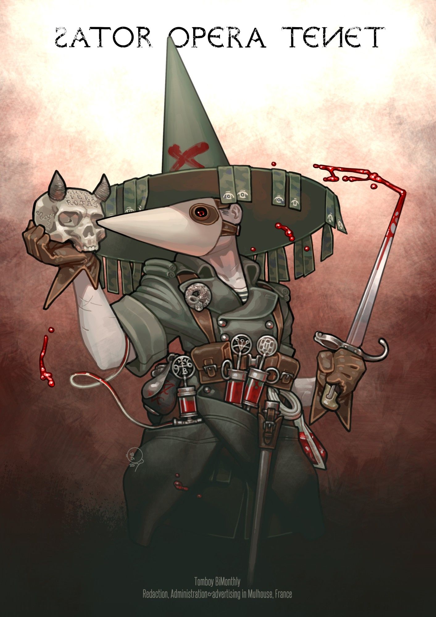 A bood witch in World-War era French gear, including a big greatcoat with the sleeves rolled back and a matching pointy hat, along with an equally pointy gas mask. She is using a demonic blood transfusion and a horned skull to cast spooky spells.