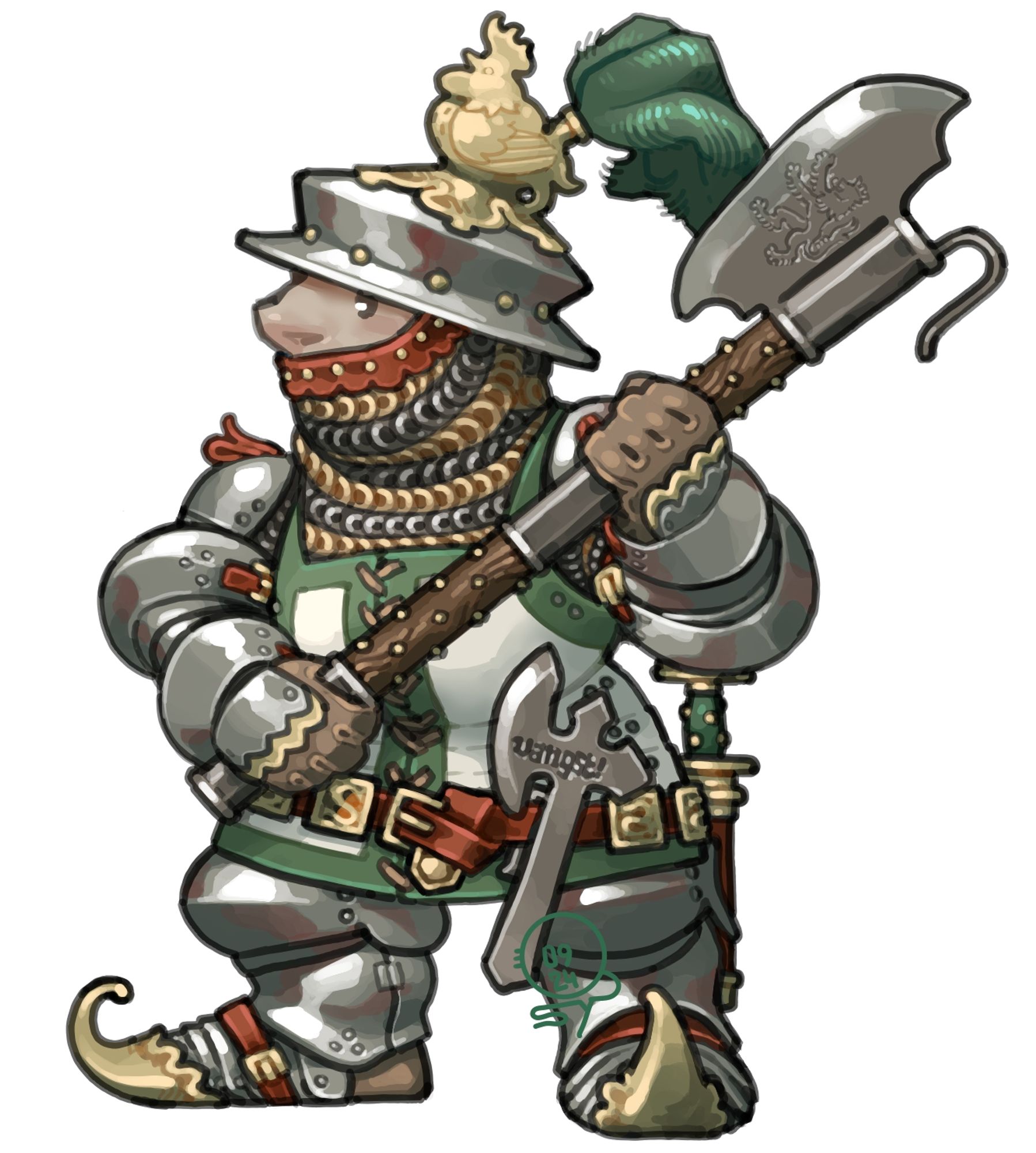 A Hobbit or Halfling or whatever you wanna call them decked out in Late Medieval armor. He is wielding a Lochaber axe, which is a two hander with a broad crescent blade emblazoned with a lion and a hook to bring down taller enemies (which is to say all of them). He is also wearing a rondel dagger and a hurlbat on his belt; a hurlbat is a small, all-metal throwing axe, and his reads "Vangst!" on it which means "Catch!" in Dutch.
His armor is made up of a coat of plate with a green and white textile cover with a red and gold plaque belt, while his limbs are fully armored with maille patches filling in the articulations. His sabatons (on his feet) are decorated with very pointy golden caps that curl up like some fashionable shoes did back then.
His helmet is a kettle hat adorned with gilded rivets and a large golden rooster, with big green rooster feathers making up its tail. The rest of his face and neck under his nose are covered in two-tone gilded maille.