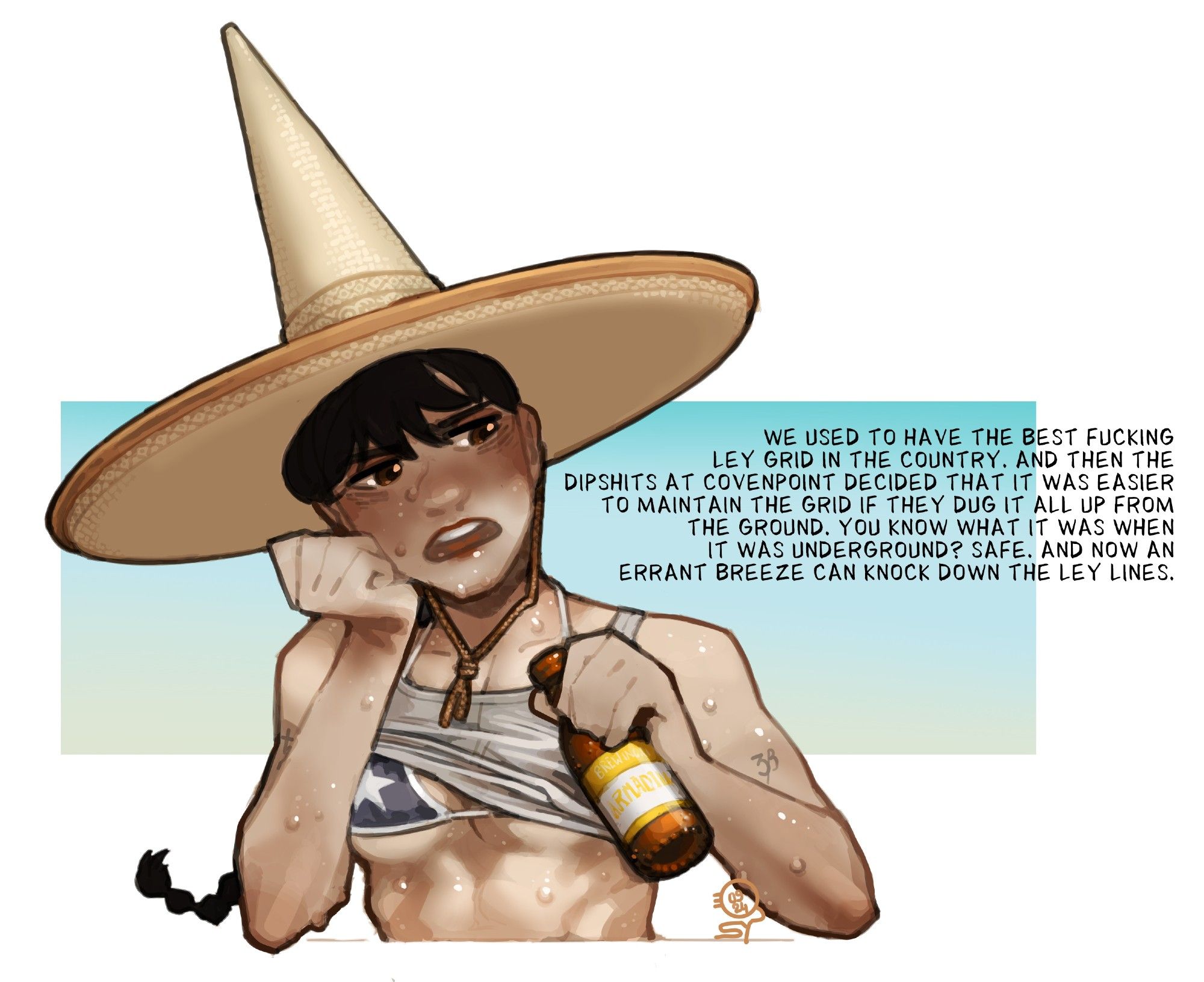 A Texan witch complaining about the power grid. I mean the ley grid, of ley lines, for magic. Totally not something else.
She is sweating in the heat while drinking a beer, and wearing a short grey tanktop rolled up to reveal a Texas flag patterned bikini, as well as a tall sombrero witch hat.