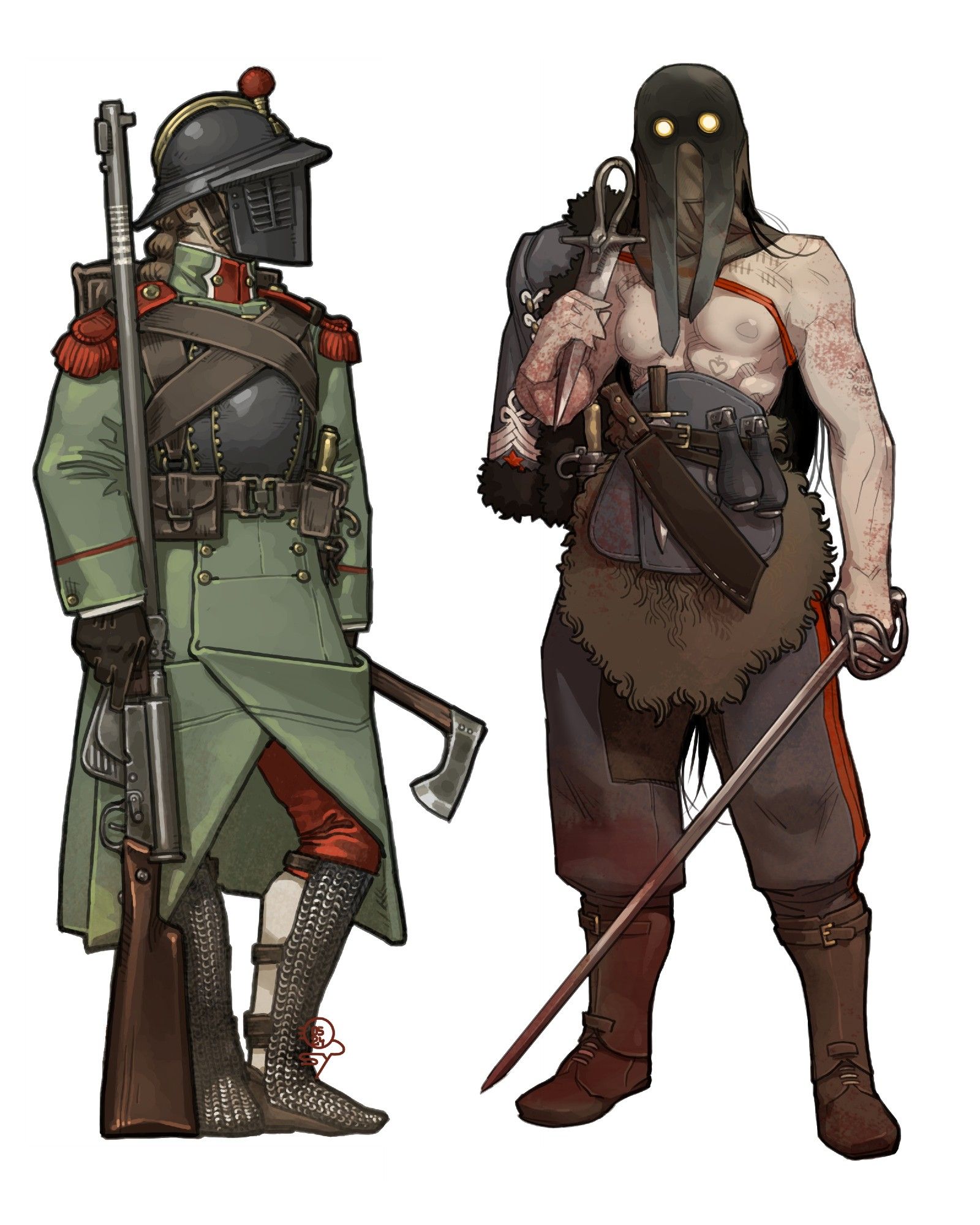 A chasseur and a voltigeur for Trench Crusade.
The chasseur is wearing a reseda green uniform with a coat of plate on her chest and maille chausses on her legs, with red pants and epaulettes. Her helmet is reinforced with a large bulletproof visor. She is holding her long barreled RSC1918 with one hand and wielding a francisca with the other.
The voltigeur is bare chested, with steel blue cavalry pants, leather boots and gaiters and a hussar pelisse worn over her shoulder. her guts are protected by a sheepskin and an Adrian breastplate, and her face is obscured with a camo hood. She is holding a blade in each hand and carrying a number of others on her person.