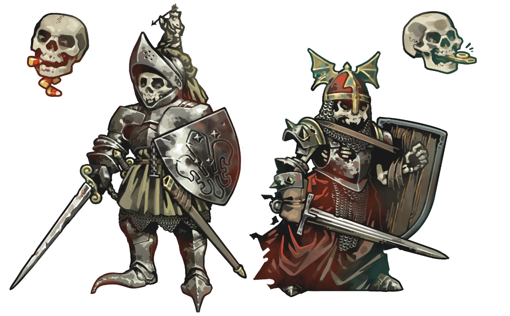 Two skeletons in plate armor, bookended by two floating skulls. The skulls are eating candy corn and playing the kazoo respectively. The first skeleton is wearing full plate armor with a skirt and torse of old weathered yellow fabric. It is armed with a dagger on its belt, an estoc in its right hand and a steel heater shield in its left.
The second skeleton looks a lot like a classic Warhammer Fantasy crypt guard, with spiky dark metal armor with red accents and lots of decaying maille patches. It's wielding an arming sword and a heater shield, and its helmet has brass bat wings.