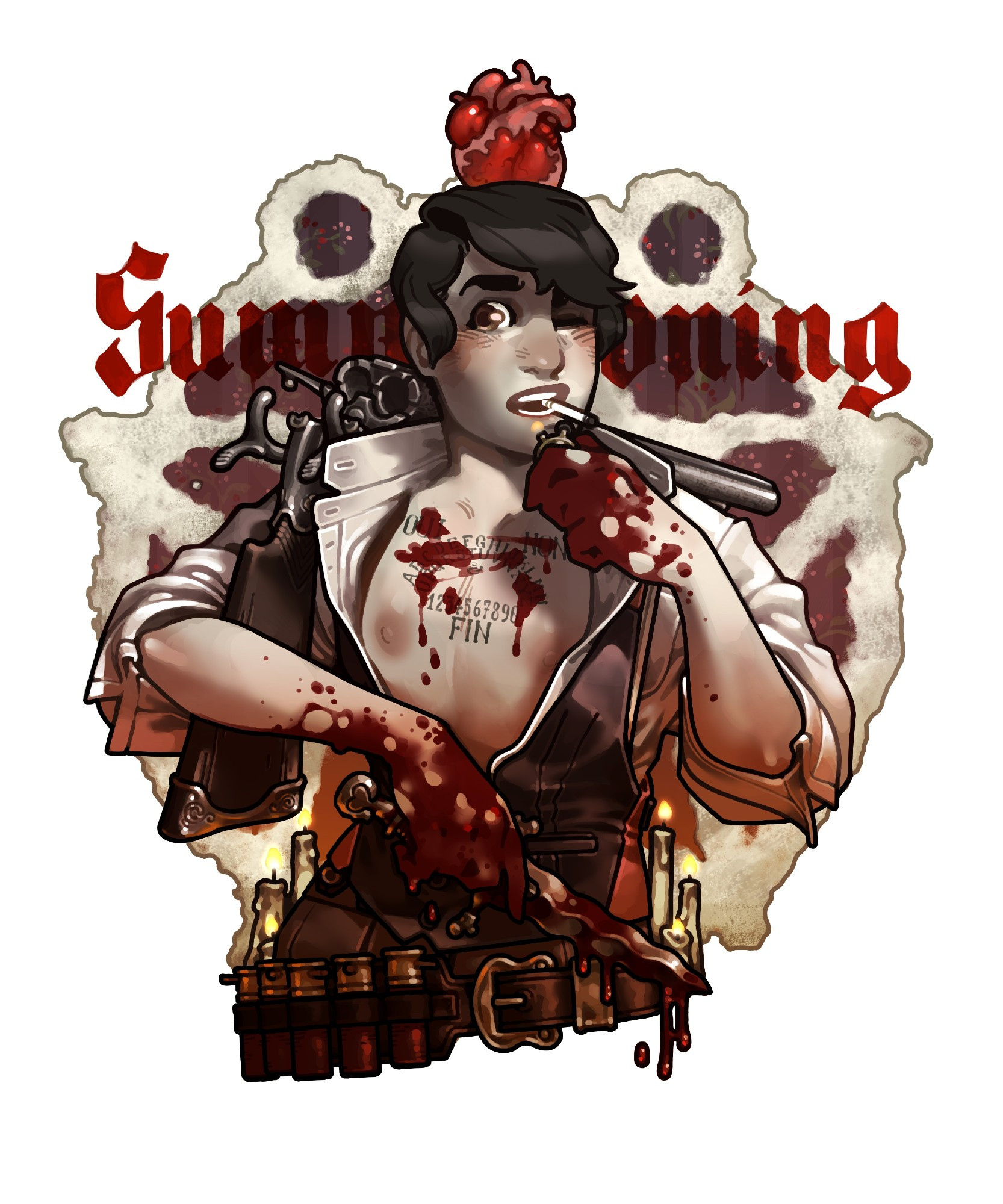 My character Chandelle as the poster girl for the summoning school of magic, lighting a cigarette with bloodied hands while holding a dripping sacrificial knife and a shotgun. Her shirt is open revealing the Ouija board tattoo across her chest, which you can tell she used to commune with spirits from the trails of blood on it.
The background features a beating heart and a summoning circle of salt with some candles (for ambience).