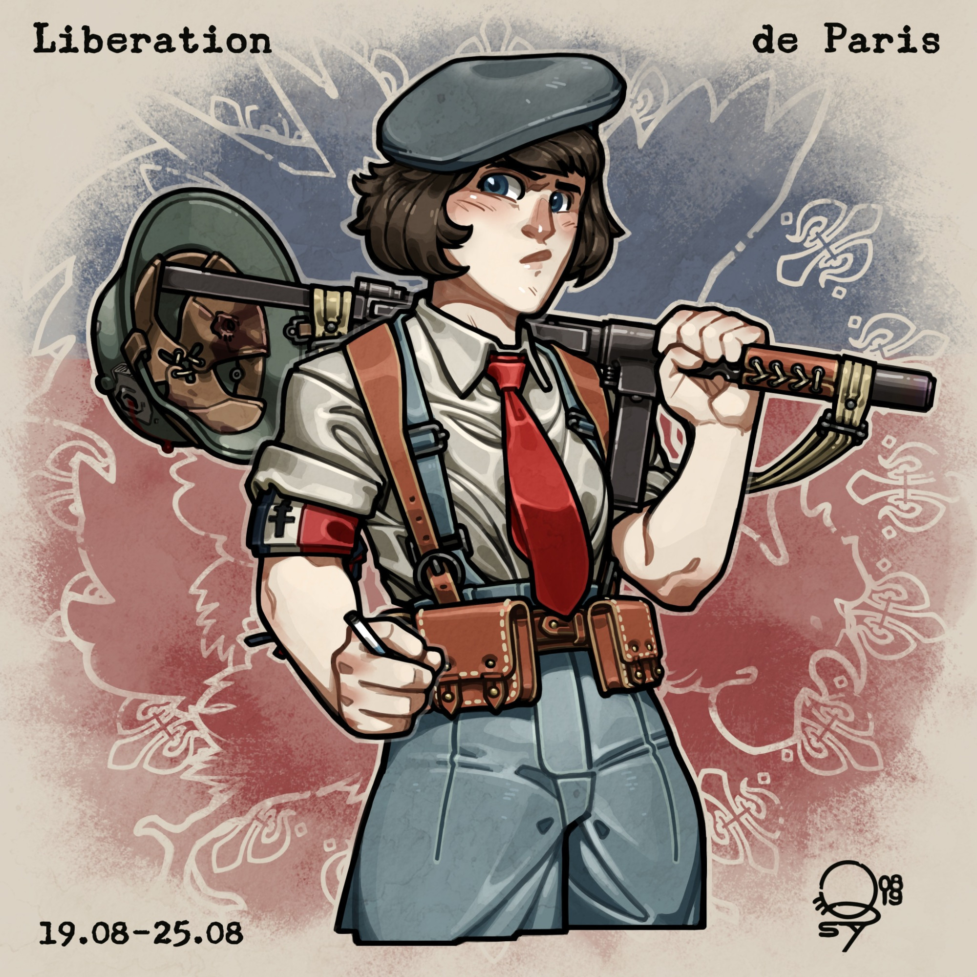 A picture of a woman with a dark haired bob cut, wearing horizon blue high waisted suspender pants with a matching beret, over a button up shirt with the sleeves rolled up and a wide red tie, and with a French resistance armband bearing the cross of Lorraine and French military webbing bearing ammo pouches. She is holding a lit Gauloise cigarette in her right hand, while holding a suppressed STEN gun in the other; she is holding it up by the barrel and over her shoulder, with a German helmet hanging from the stock bearing the marks of a headshot.
The background bears the color of Paris with the outline of a fighting rooster, taken from WW1 French propaganda posters.