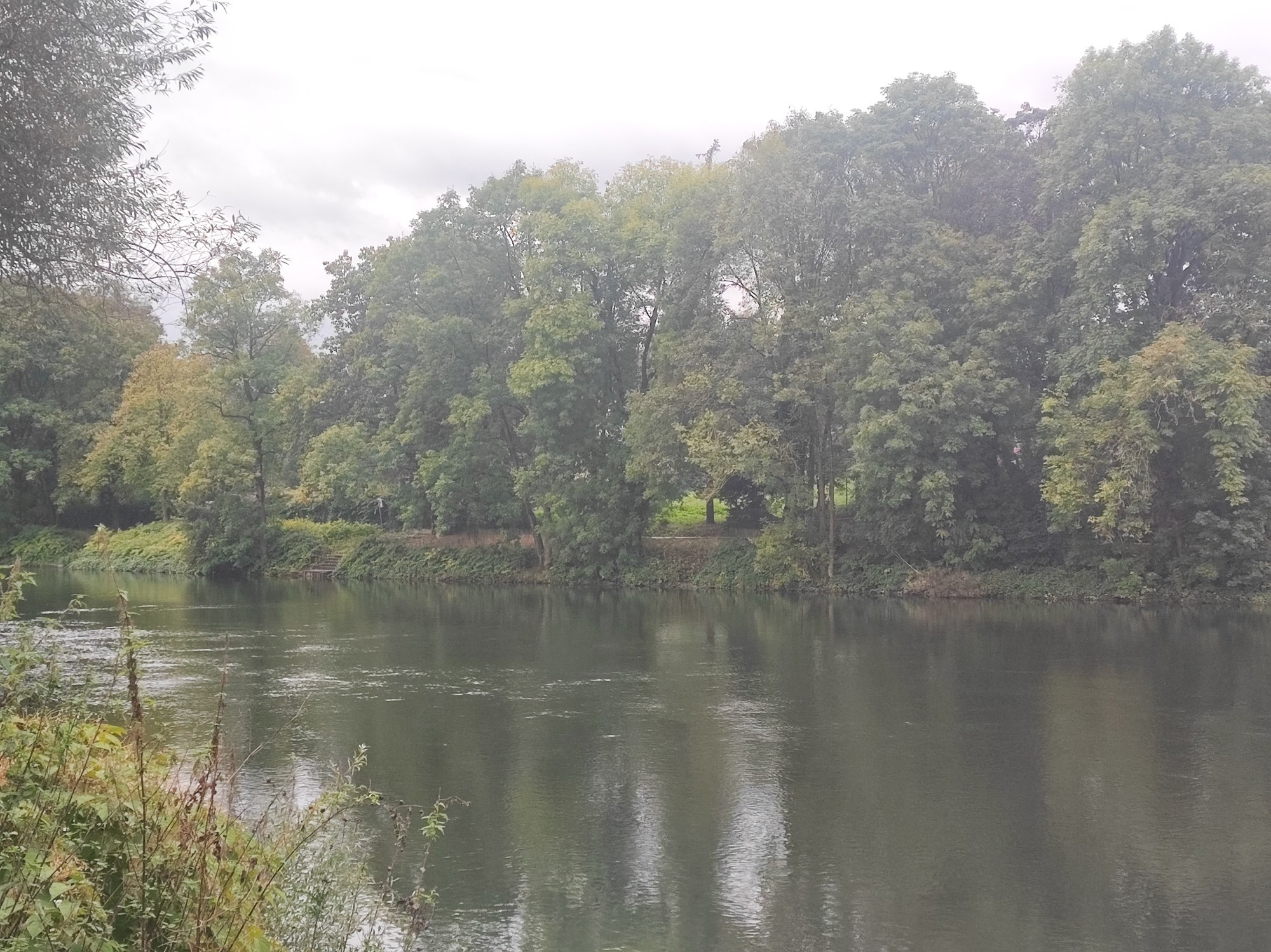 Der Ruhr in Essen. An beiden Ufer sind Bäume mit Herbstfarben zu sehen.