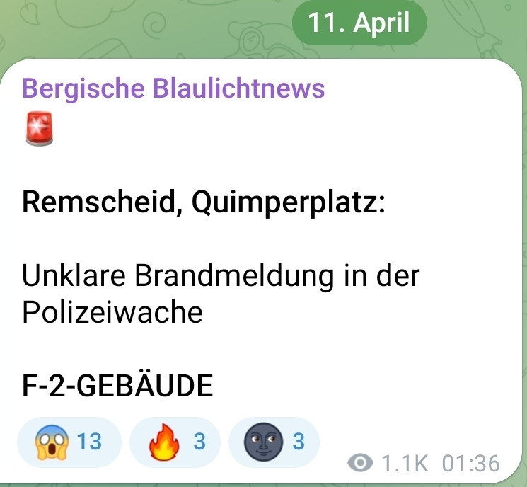 Telegram Nachricht Bergische Blaulichtnews: 🚨

Remscheid, Quimperplatz:

Unklare Brandmeldung in der Polizeiwache

F-2-GEBÄUDE