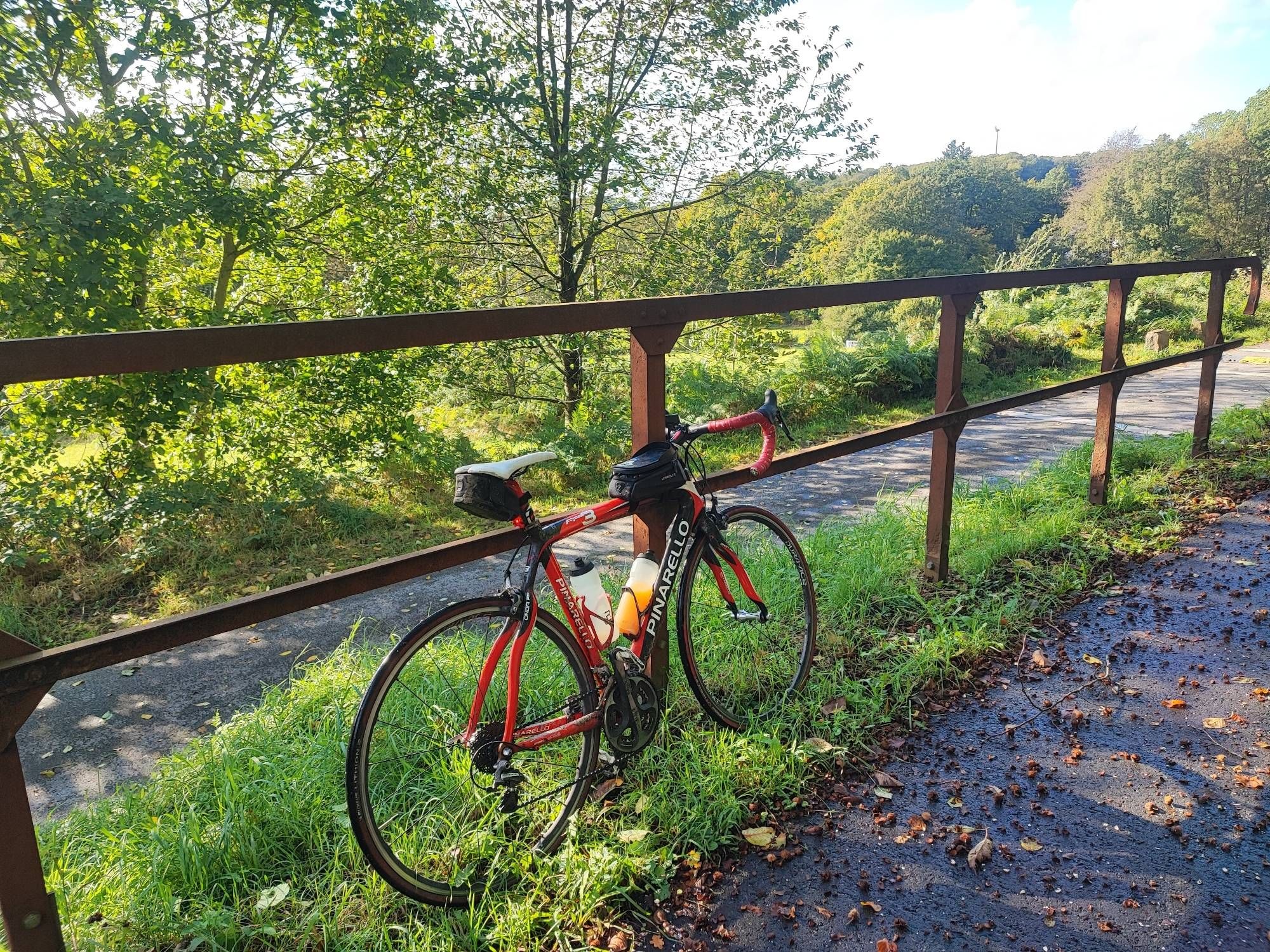 Mein Schwarze-rotes Pinarello Rennrad steht gegen ein Zaun an der Nordbahntrasse bei Bahnhof Schee.