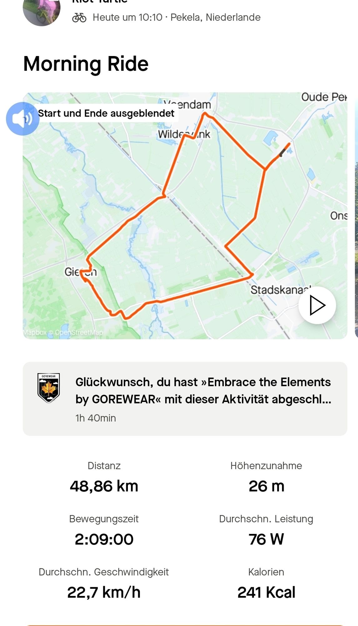 Radkarte. Heute bin ich mit meinem Rennrad von Nieuwe Pekela über Veendam nach Gieten gefahren und dann über Stadskanaal zurück nach Nieuwe Pekela gefahren. Distanz: 48,86 Kilometer. Höhenmeter: 26 Meter. Bewegungszeit: 2:09:00. Durchschnittliche Leistung: 76 Watt. Durchschnittliche Geschwindigkeit 22,7 km/h. Kalorien: 241 Kcal.