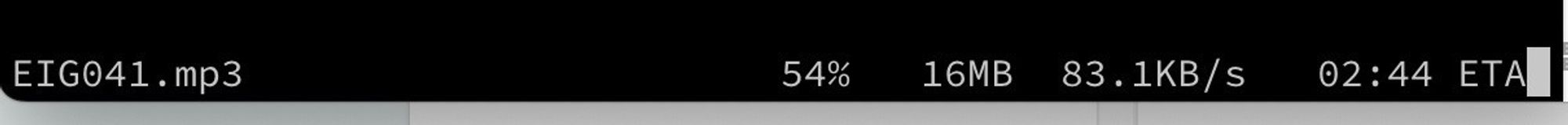 Screenshot vom Terminal. EIG041.mp3 lädt mit 83.1 KB/s hoch. Noch 2:44 bis fertig.