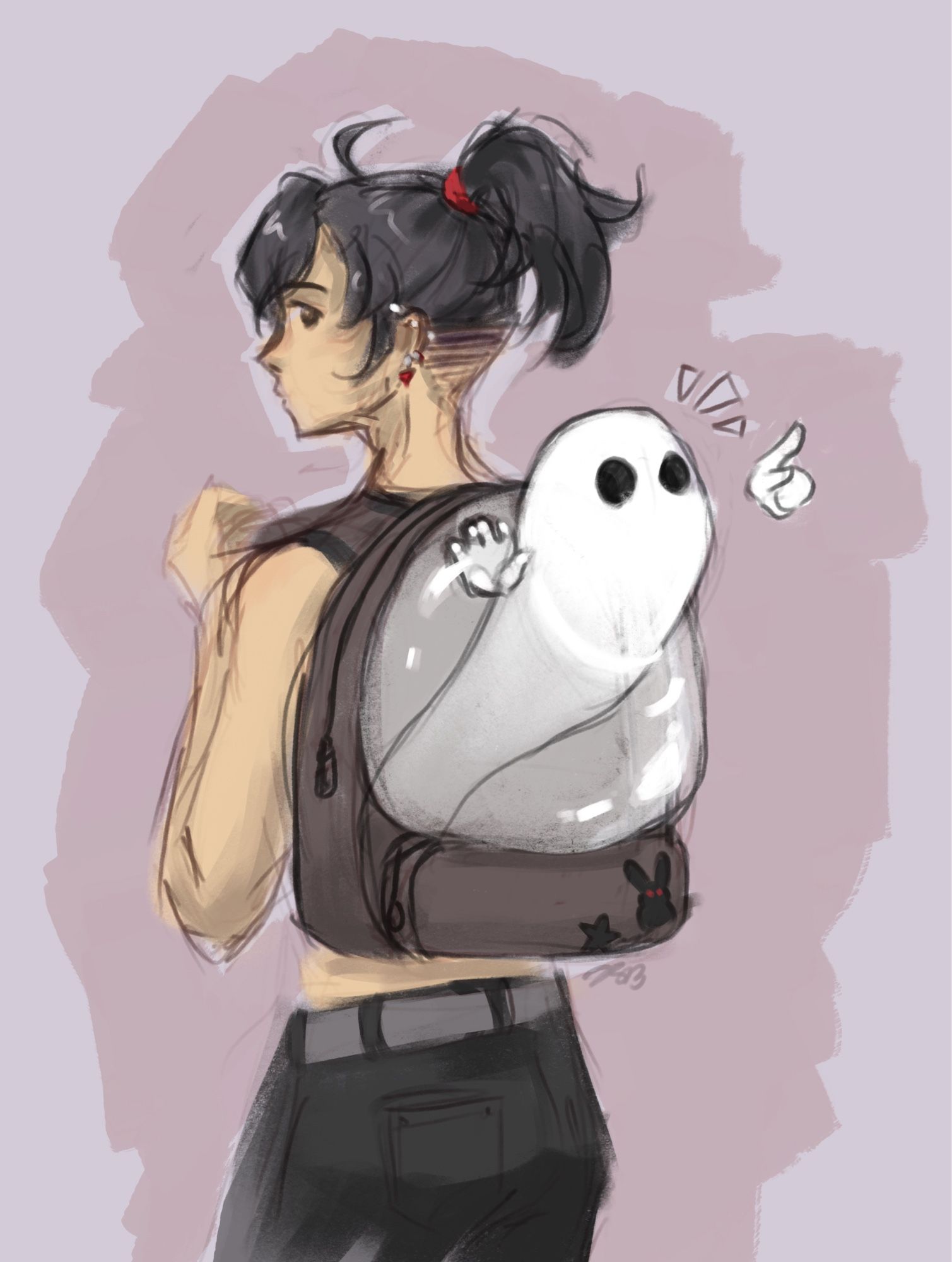 A rough colored sketch of a modern au wwx, with undercut hair in a ponytail. His back is to the viewer and most of his body is obscured by one of those clear bubble pet backpacks. It contains a ghost, or would, but the ghost is phasing through the backpack to point at something interesting.