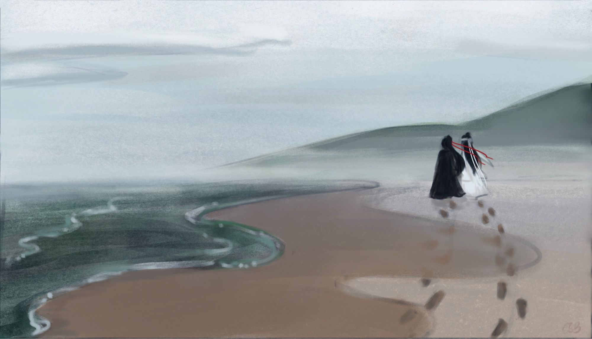 Wei Wuxian and Lan Wangji waking along a foggy coastline. They are at a distance and their backs are to the viewer