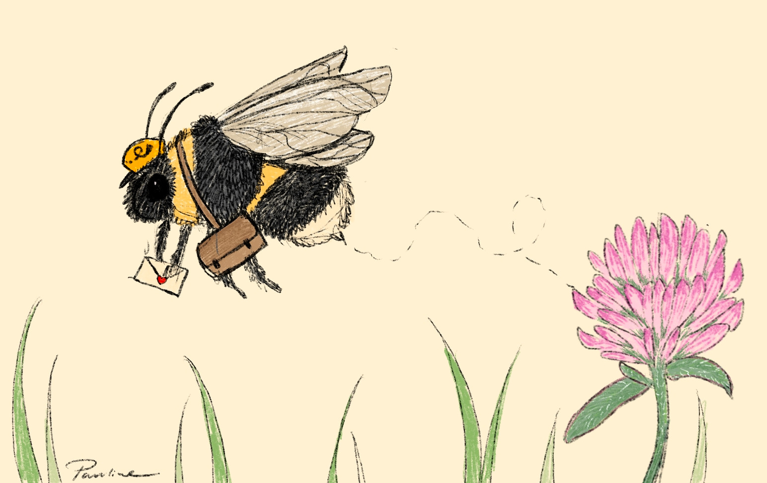 A digital drawing showing a fuzzy bee in a postal worker cap and bag flying away from a clover to deliver a letter