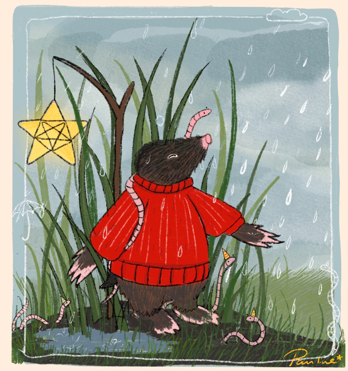 A digital drawing of a mole celebrating the rain together with some earthworm friends