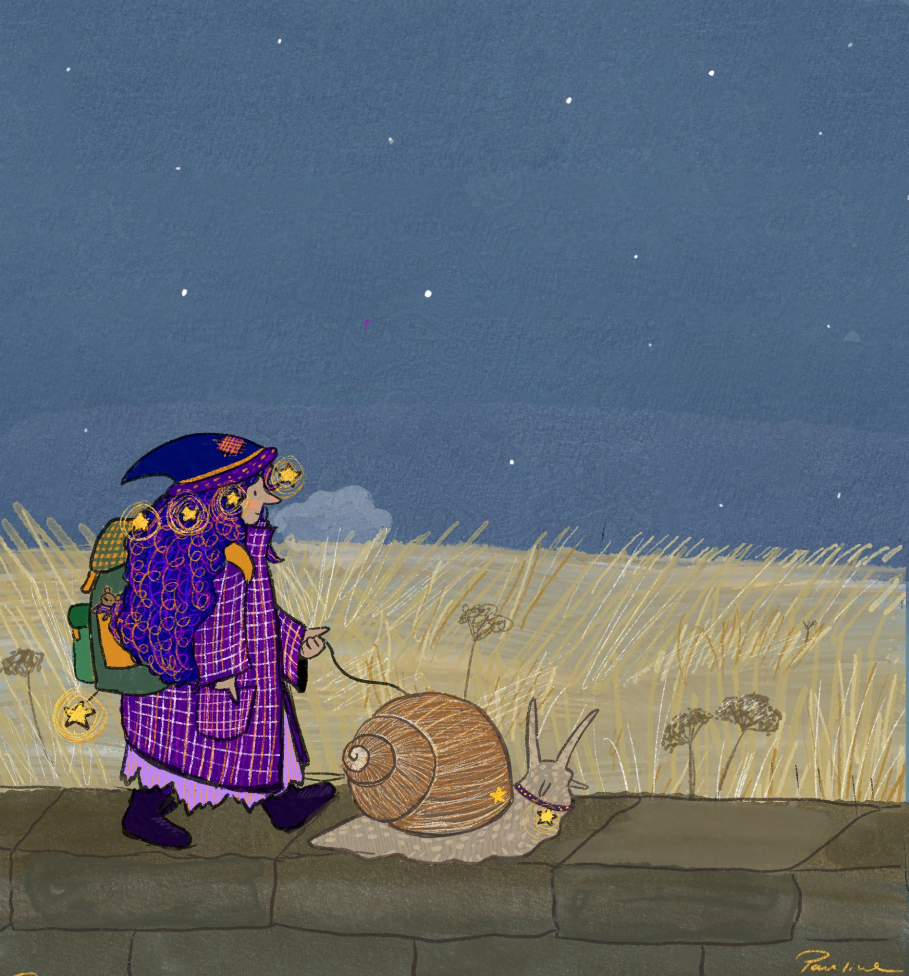 A digital drawing of a witch walking her pet snail under a starry sky