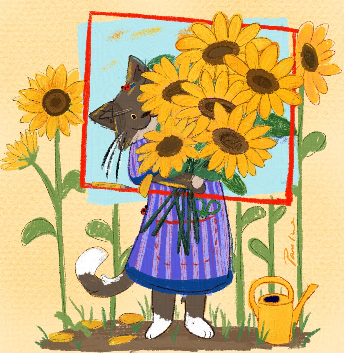 A digital drawing of a grey and white cat in a striped dress peeking out from behind a big bouquet of sunflowers. she is standing in a small sunflower field and has a little frame with a blue background and some paint streaks behind her head and upper body