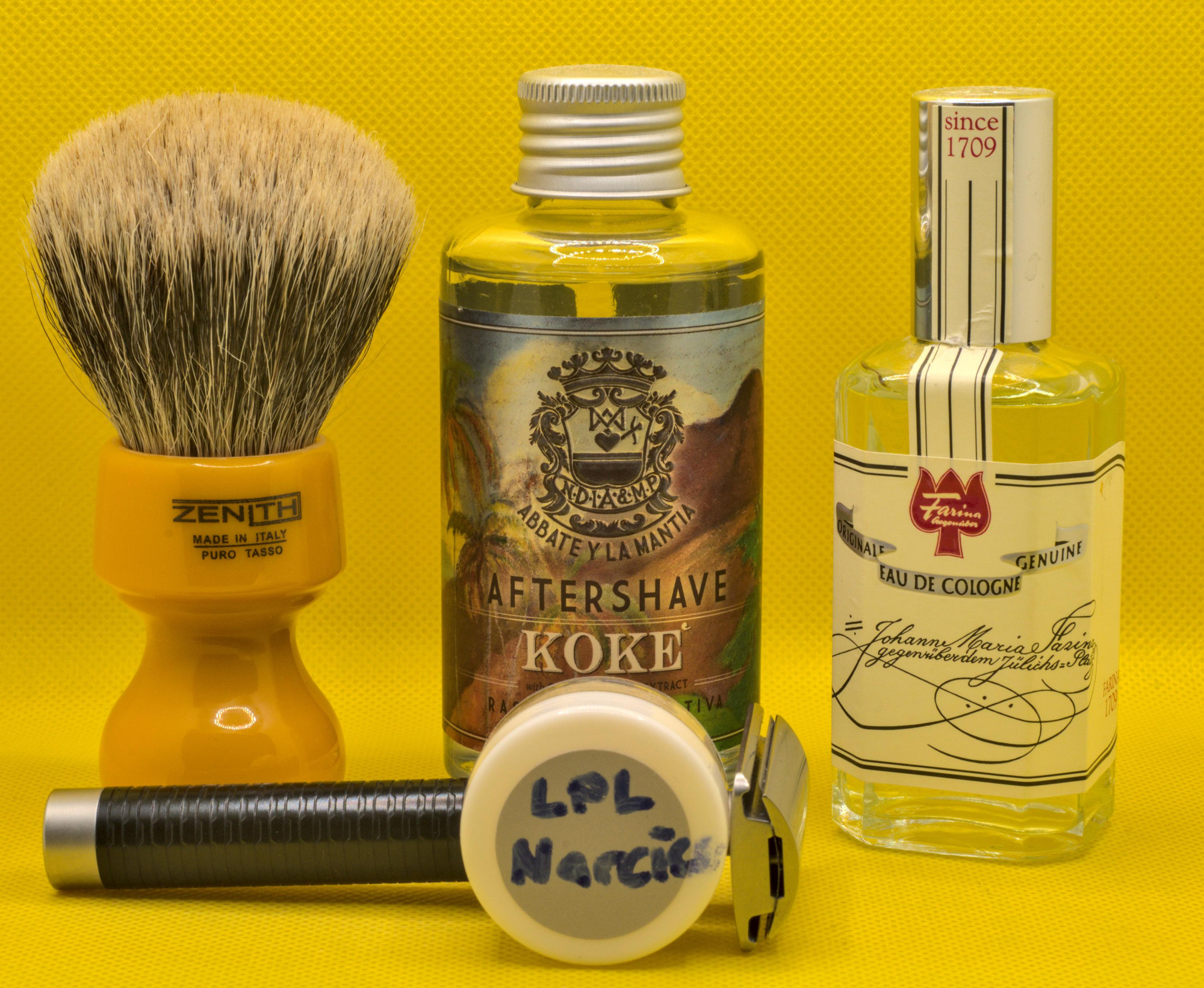 A sample of LPL Narcisse with a Mühle Rocca, a bottle of AYLM Koké splash, Farina frag, and a beautiful butterscotch Zenith badger
