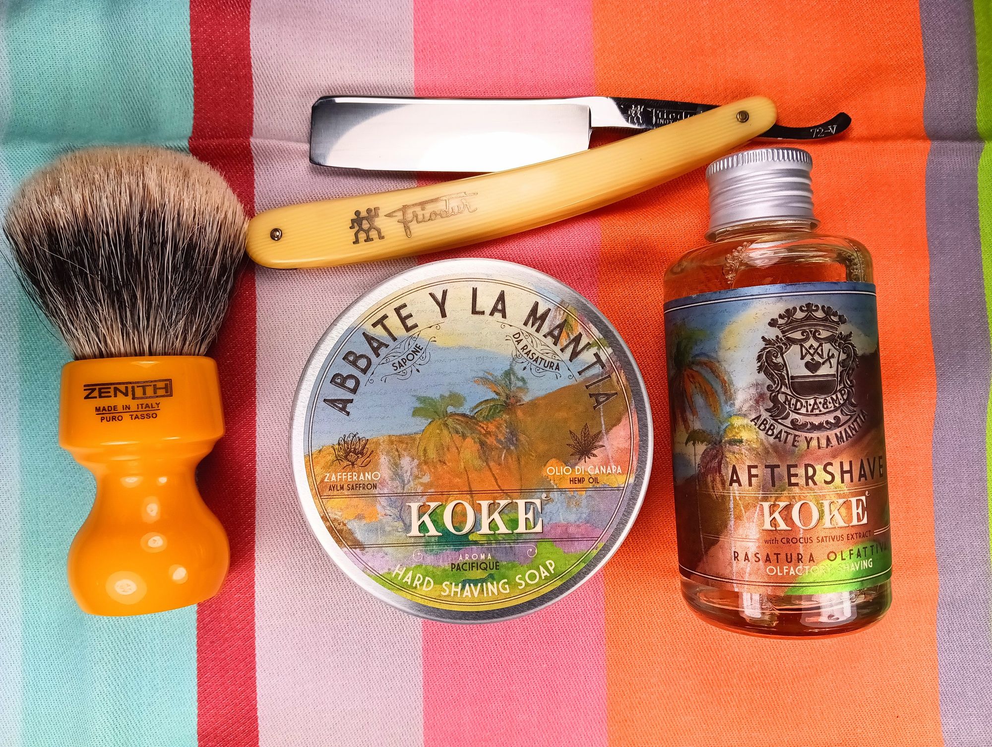 A set of AYLM Koké soap and splash with a pretty butterscotch Zenith badger and a chonky Frio cleaver