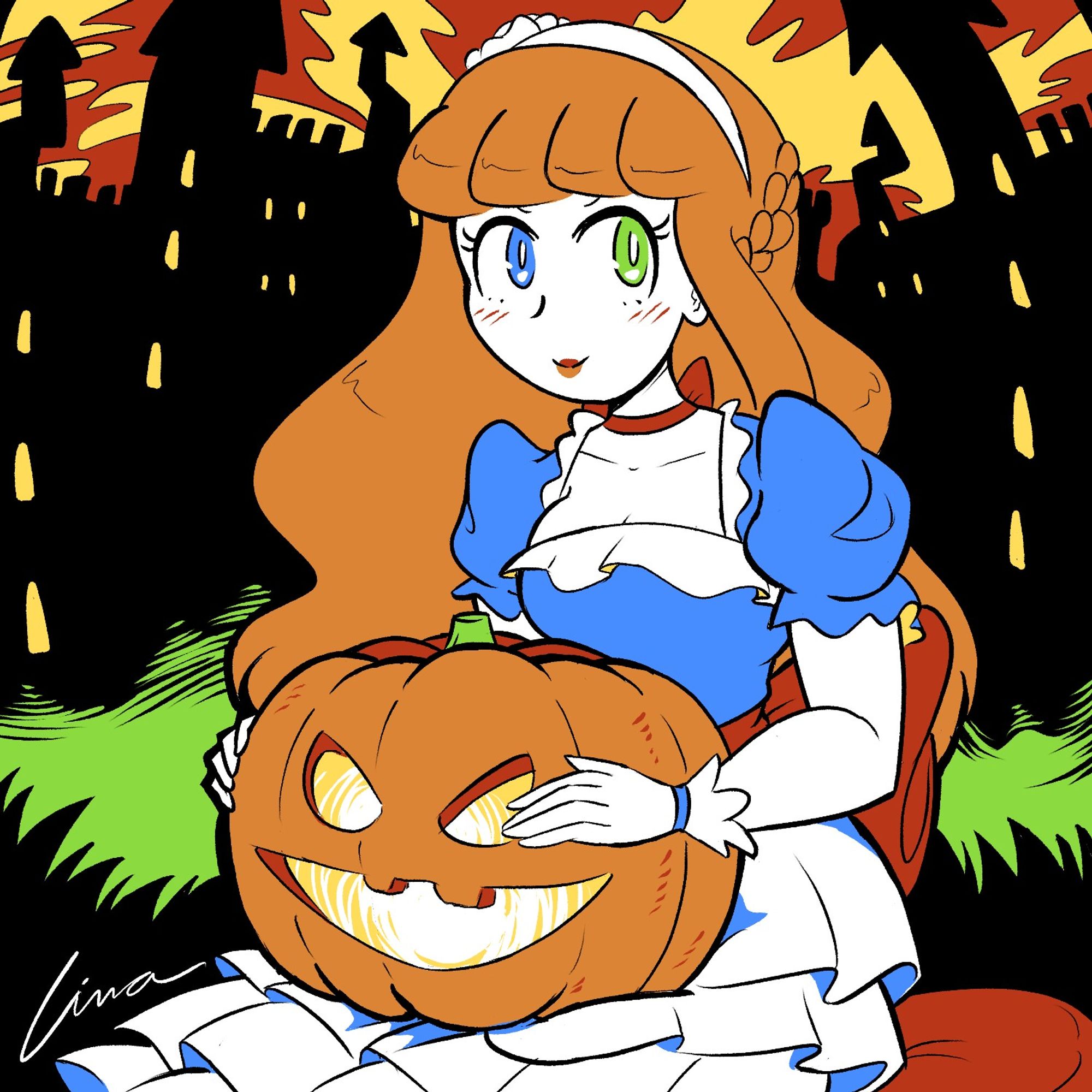 Girl with heterochromia wearing a gothic lolita style dress and holding a jack-o-lantern. A castle looms in the background #art #oc