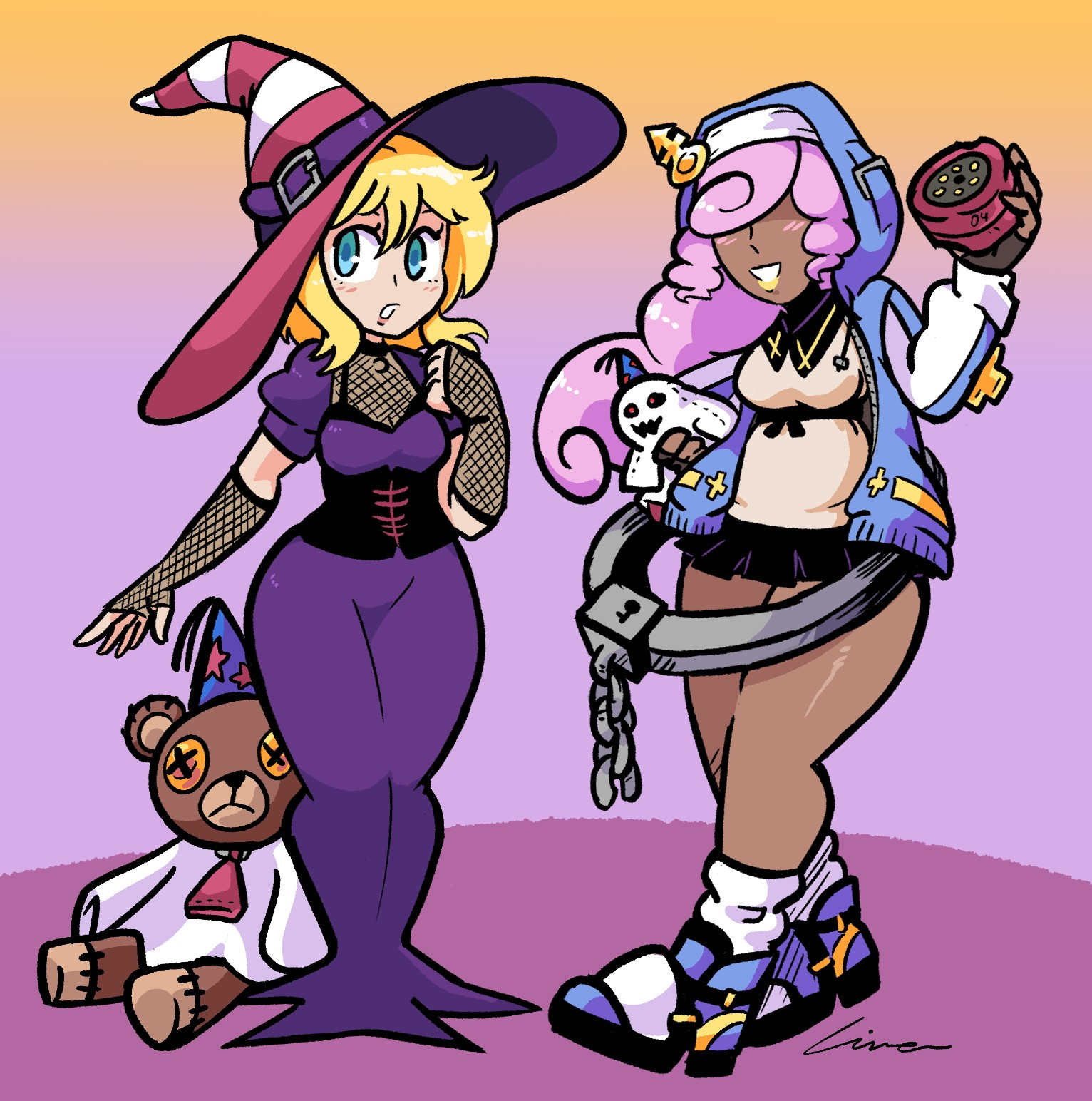 Vivian from Paper Mario (human form) and Bridget from Guilty Gear, but their outfits are swapped. Roger is dressed as Doopliss and Vivian has a Doopliss plushie as well. #art