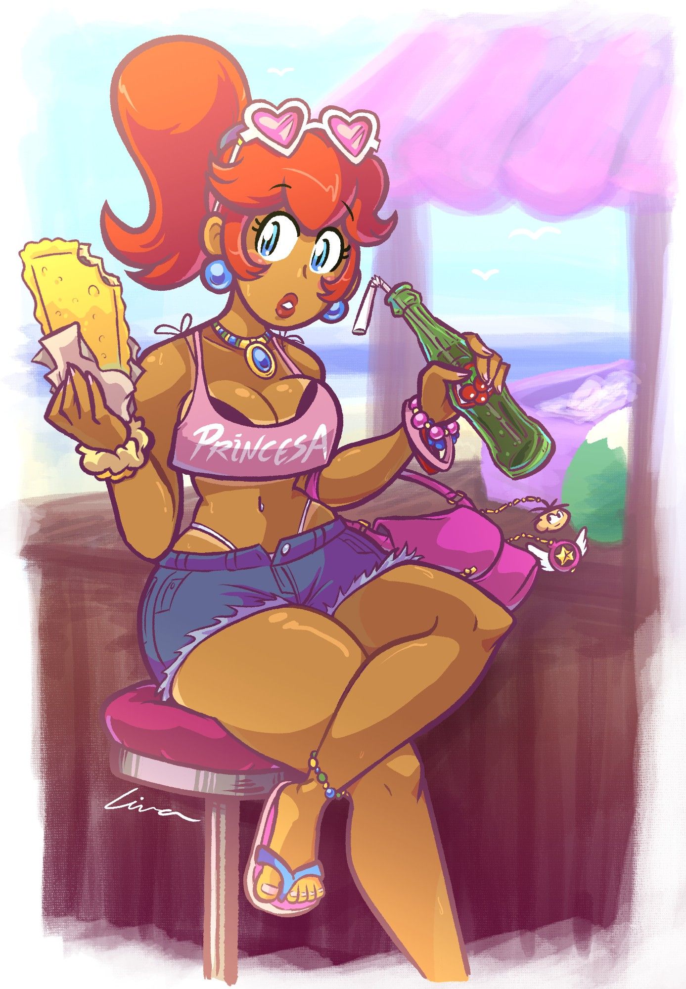 #art
A drawing of princess peach, but with a tan, red hair in a ponytail, a crop top and shorts over a bikini, and holding a brazilian pastel in one hand and a bottle of guaraná soda on the other.