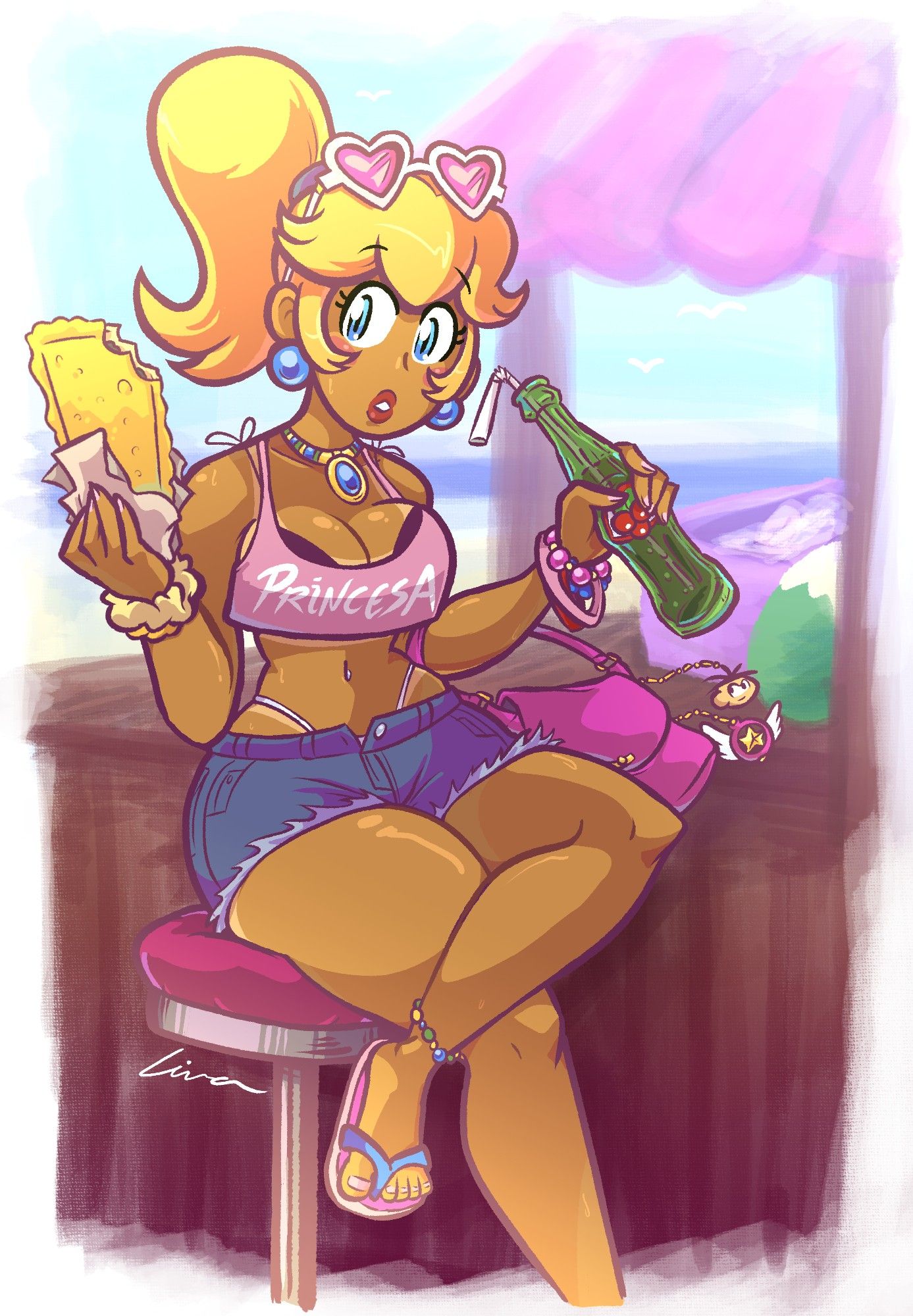 #art
A drawing of princess peach, but with a tan, blonde hair in a ponytail, a crop top and shorts over a bikini, and holding a brazilian pastel in one hand and a bottle of guaraná soda on the other.