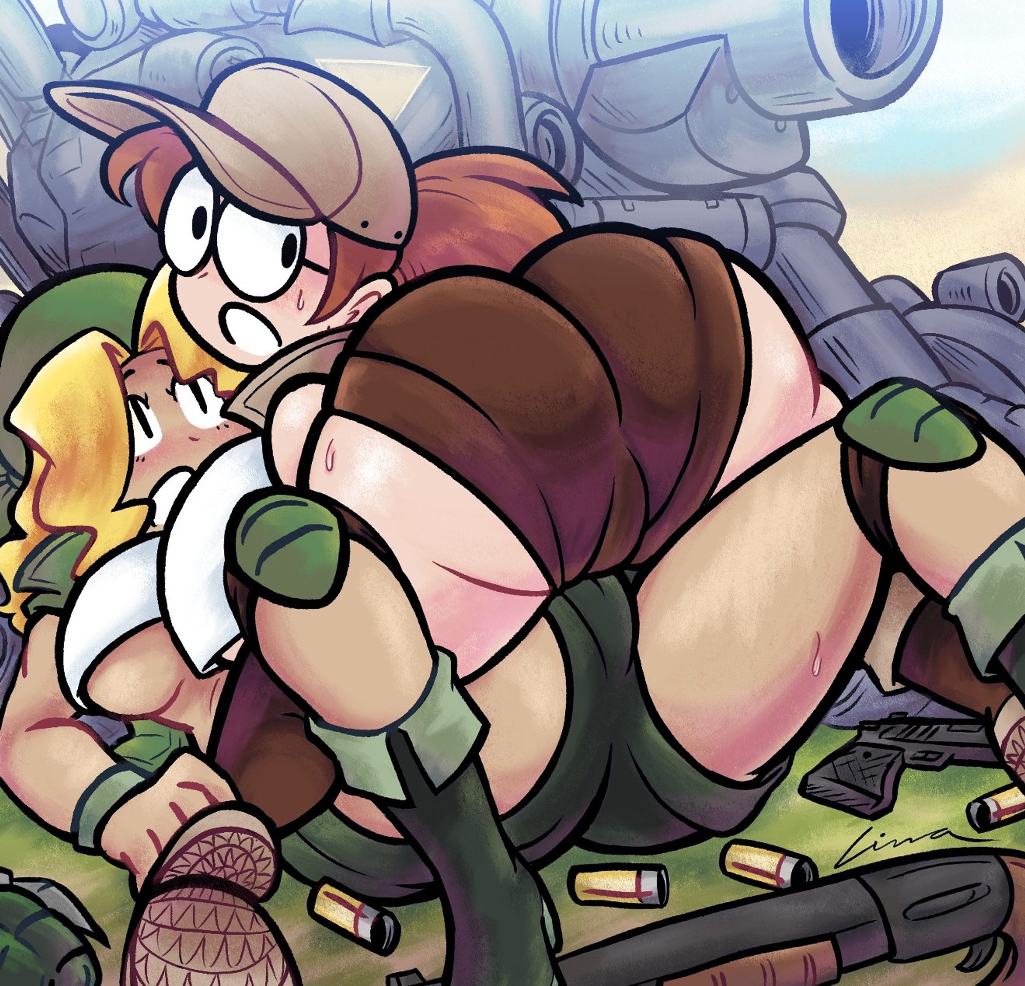 drawing of Fio Germi and Eri Kasamoto from Metal Slug, lying atop each other in a suggestive manner. There are weapons and bullet casings strewn across the floor, and the titular vehicle stands behind them. #art