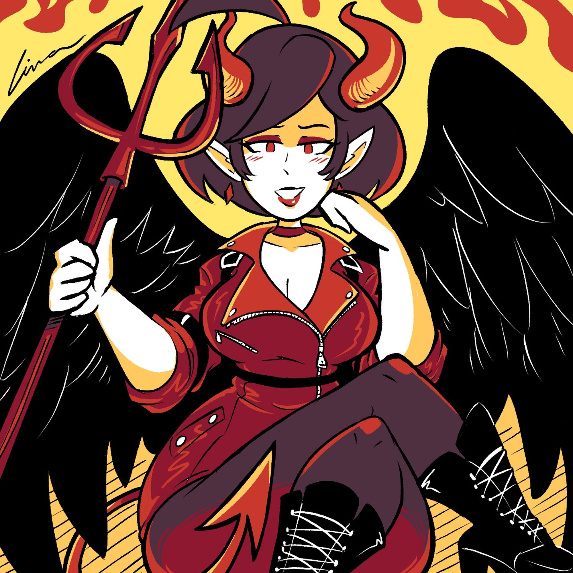 Caroline - an elf woman with wings - wearing a devil halloween costume featuring a red leather jacket, while being lit from fire that burns in the background. #art #oc