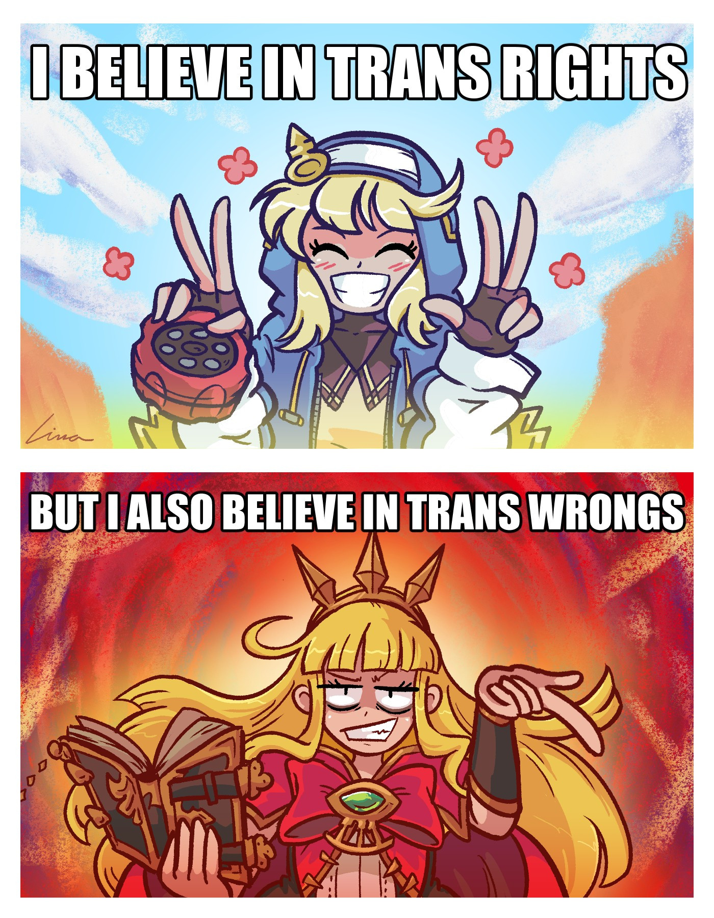 Two-panel meme featuring Bridget from Guilty Gear captioned "I believe in trans rights", followed by Cagliostro from Granblue Fantasy captioned "But I also believe in trans wrongs" #art #fgc #ggst #gbvsr