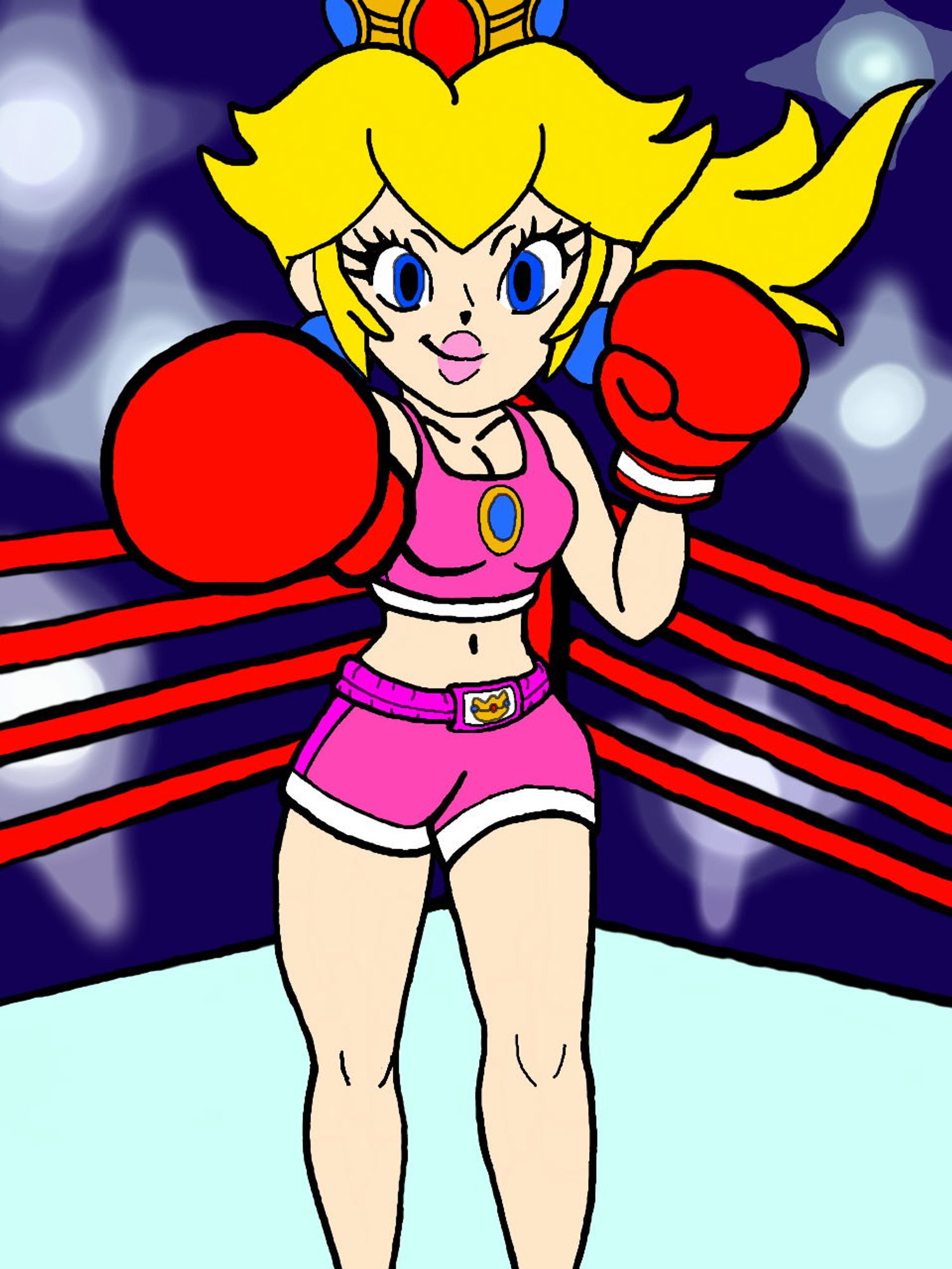 Princess Peach in boxing attire, standing in the ring with lights flashing in the background as she throws a punch towards the viewer.

Work done with the Colors! 3D app (3DS) sometime in 2014(?)