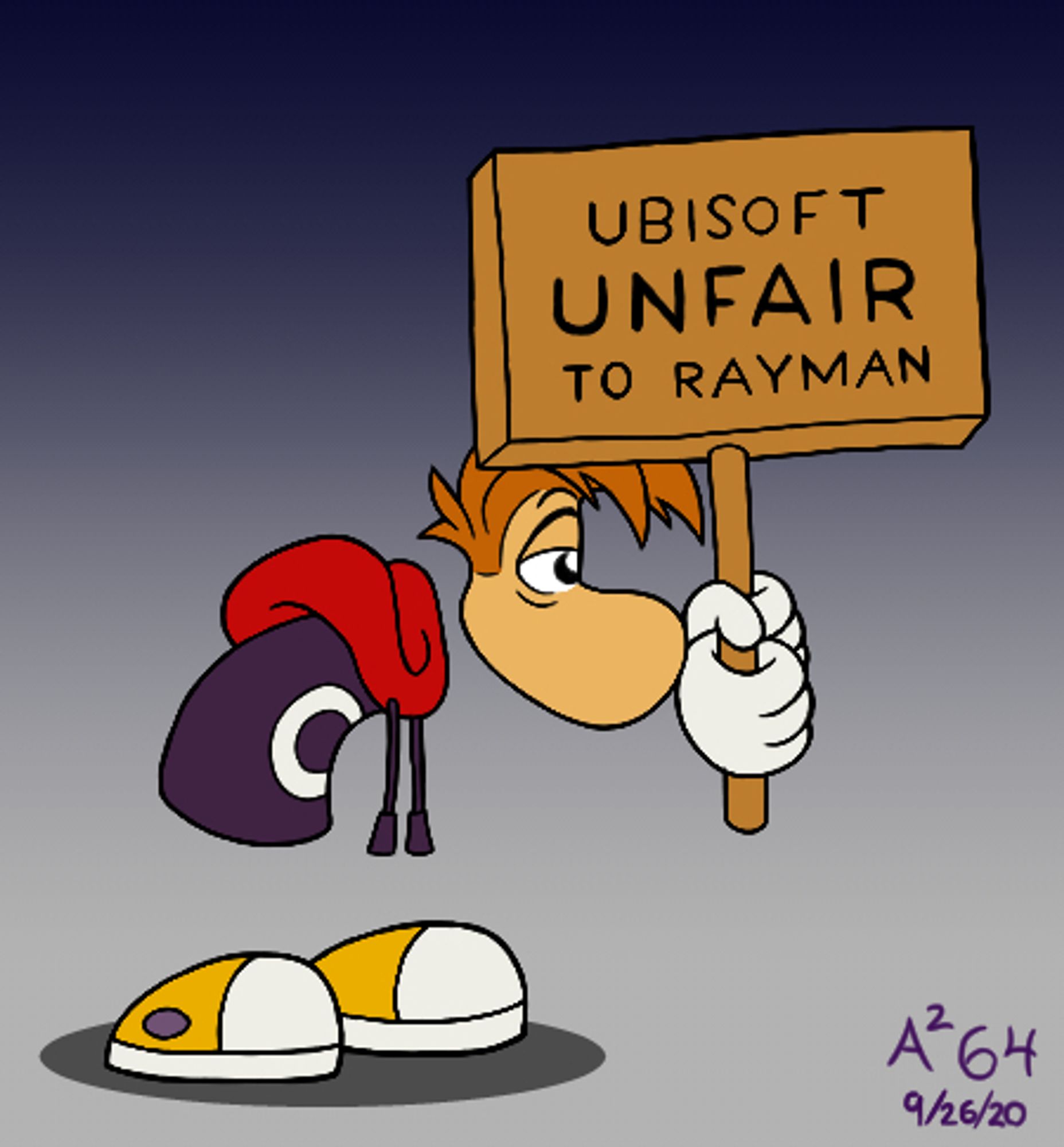 Rayman wearily trudging along in protest while holding a picket sign that says "UBISOFT UNFAIR TO RAYMAN"