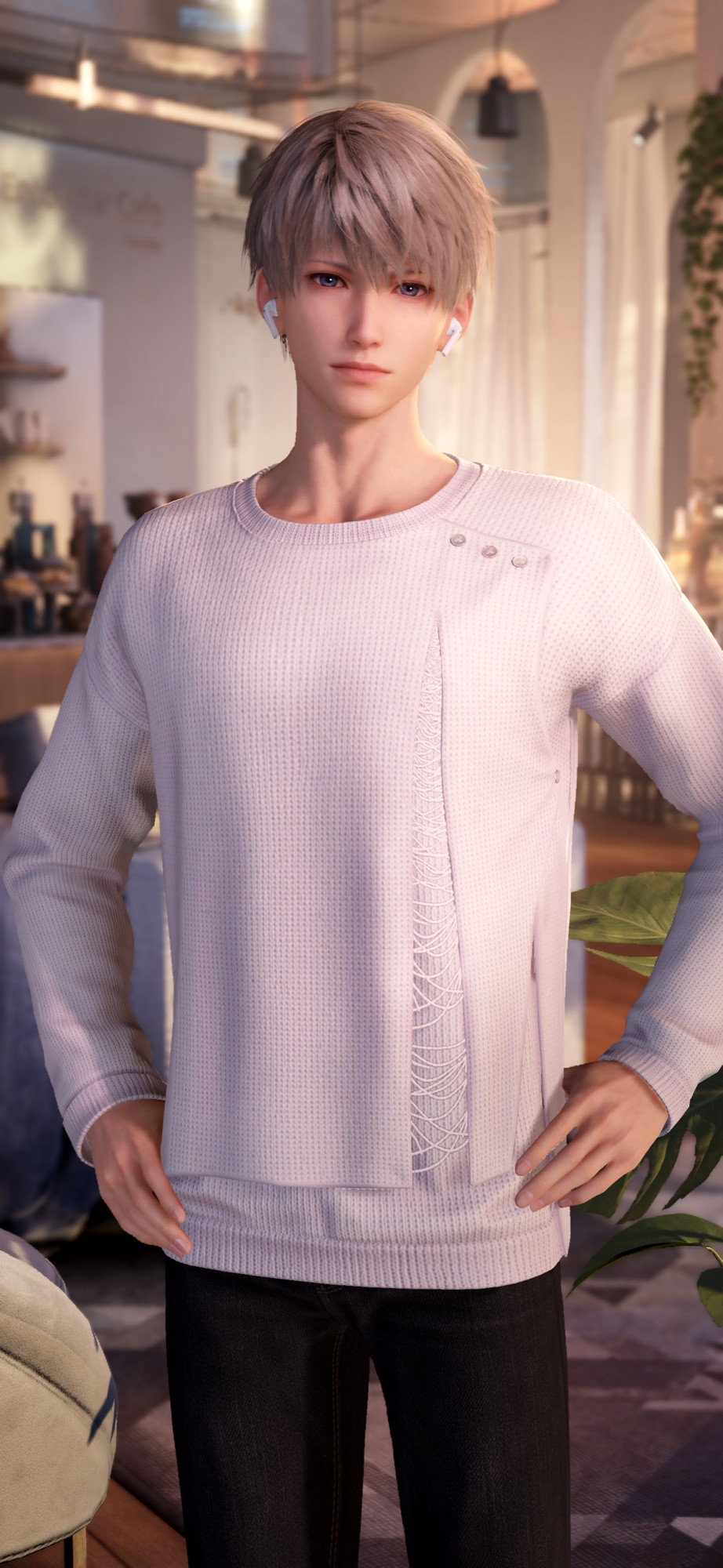 Xavier from love and deepspace with his hands on his hips looking at the camera in a white sweater and black jeans combo. He has on AirPods